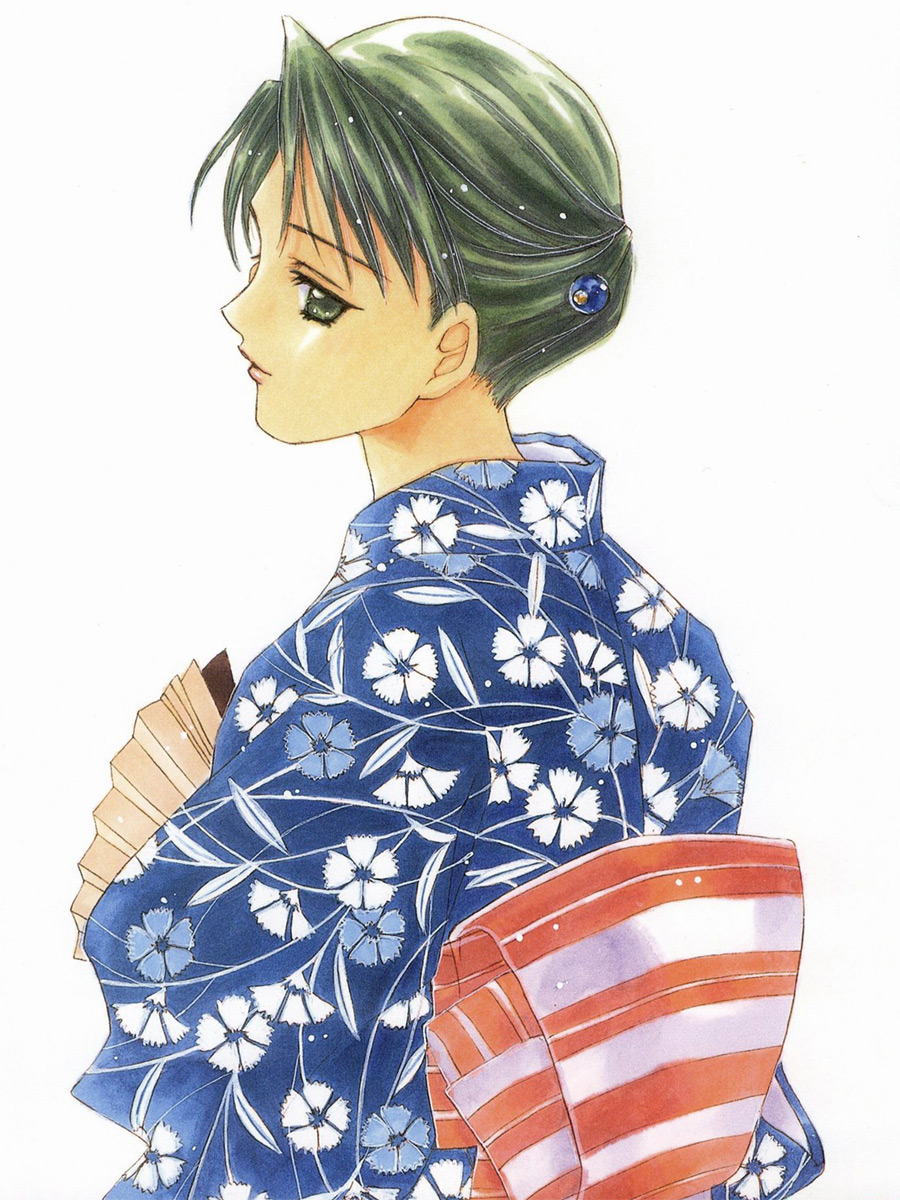 nanase aoi, hiiragi saeno, angel flavor, seraphim call, artbook, highres, 1990s (style), 1girl, female focus, folding fan, green hair, hair ornament, hand fan, japanese clothes, kimono, retro artstyle, solo, white background