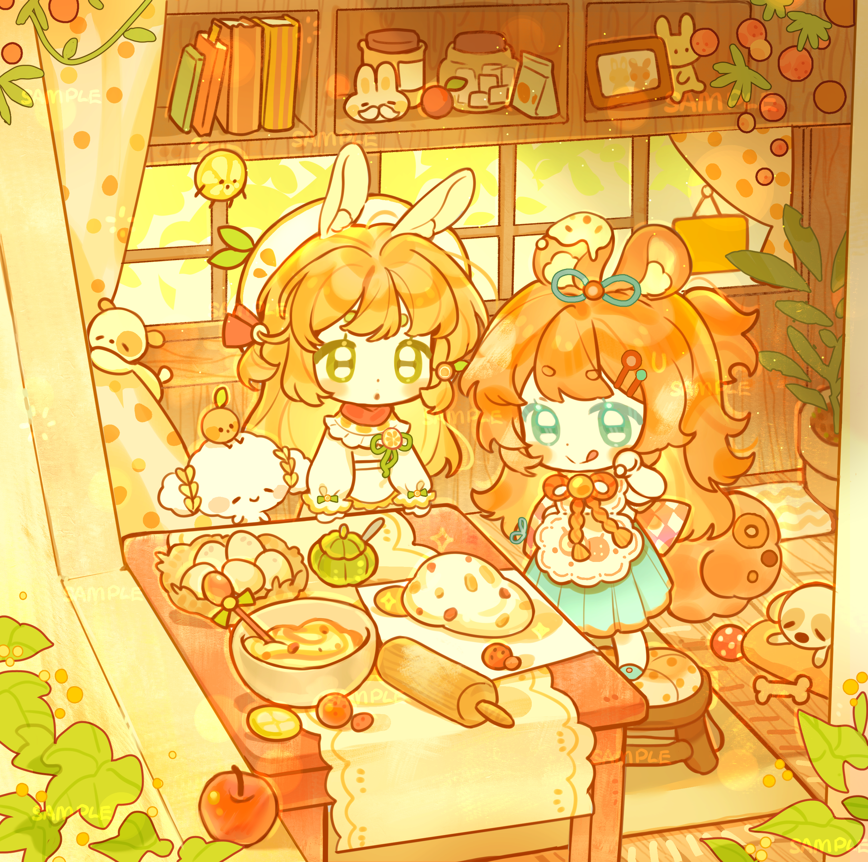 original, absurdres, highres, 2girls, :o, :q, animal ear fluff, animal ears, bai yang zi, blonde hair, blue eyes, blue shoes, blue skirt, blush stickers, book, chibi, chibi only, closed mouth, curtains, dough, egg, green eyes, hair ornament, hairclip, hand up, indoors, long hair, long sleeves, mixing bowl, multiple girls, open mouth, orange hair, parallel hairclips, picture frame, pleated skirt, rabbit ears, rolling pin, shirt, shoes, skirt, smile, standing, stool, thick eyebrows, tongue, tongue out, white shirt, window