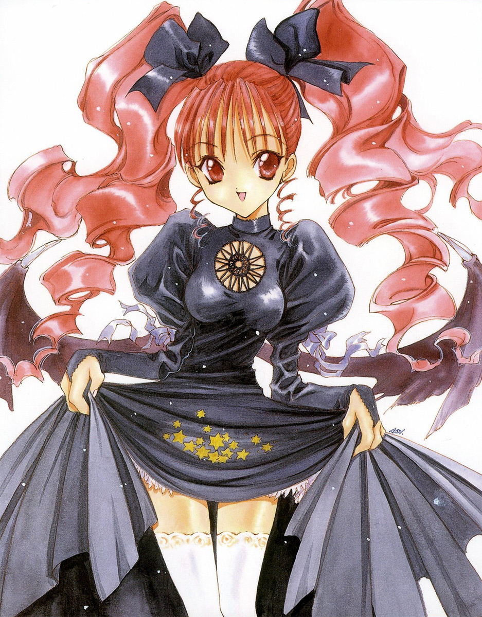 nanase aoi, rindou ayaka, angel flavor, seraphim call, artbook, highres, 1990s (style), 1girl, black theme, bow, clothes lift, clothes pull, demon wings, dress, dress lift, dress pull, drill hair, female focus, hair bow, retro artstyle, ribbon, skirt, skirt lift, solo, star (symbol), thighhighs, twintails, white background, wings