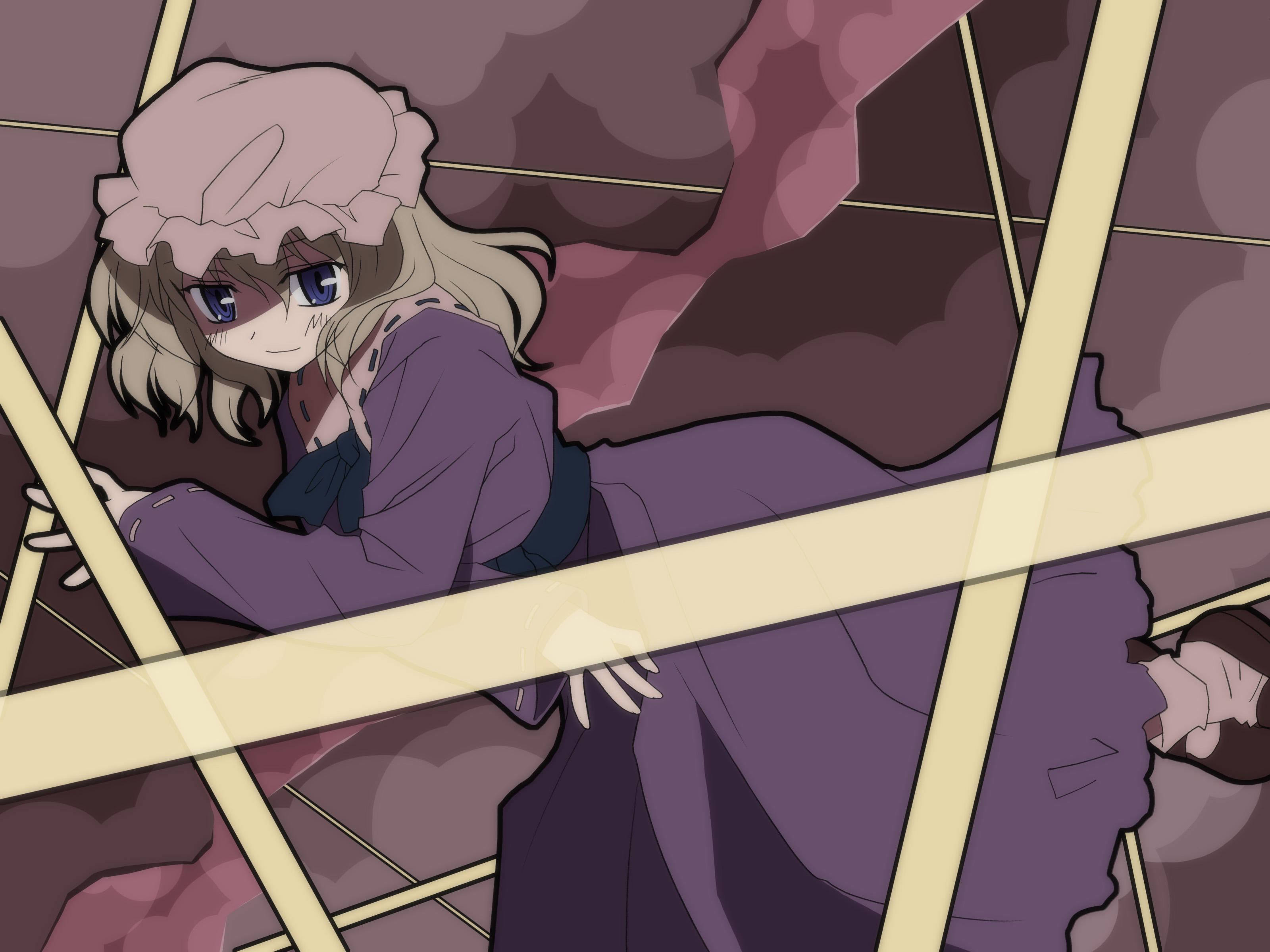 yuuki tatsuya, maribel hearn, ghostly field club, touhou, absurdres, highres, 1girl, blonde hair, blue ribbon, brown shoes, closed mouth, collar, crossed arms, dress, female focus, hat, long sleeves, mob cap, purple dress, purple eyes, ribbon, ribbon-trimmed collar, ribbon-trimmed sleeves, ribbon trim, sash, shaded face, shoes, short hair, socks, solo, white collar, white ribbon