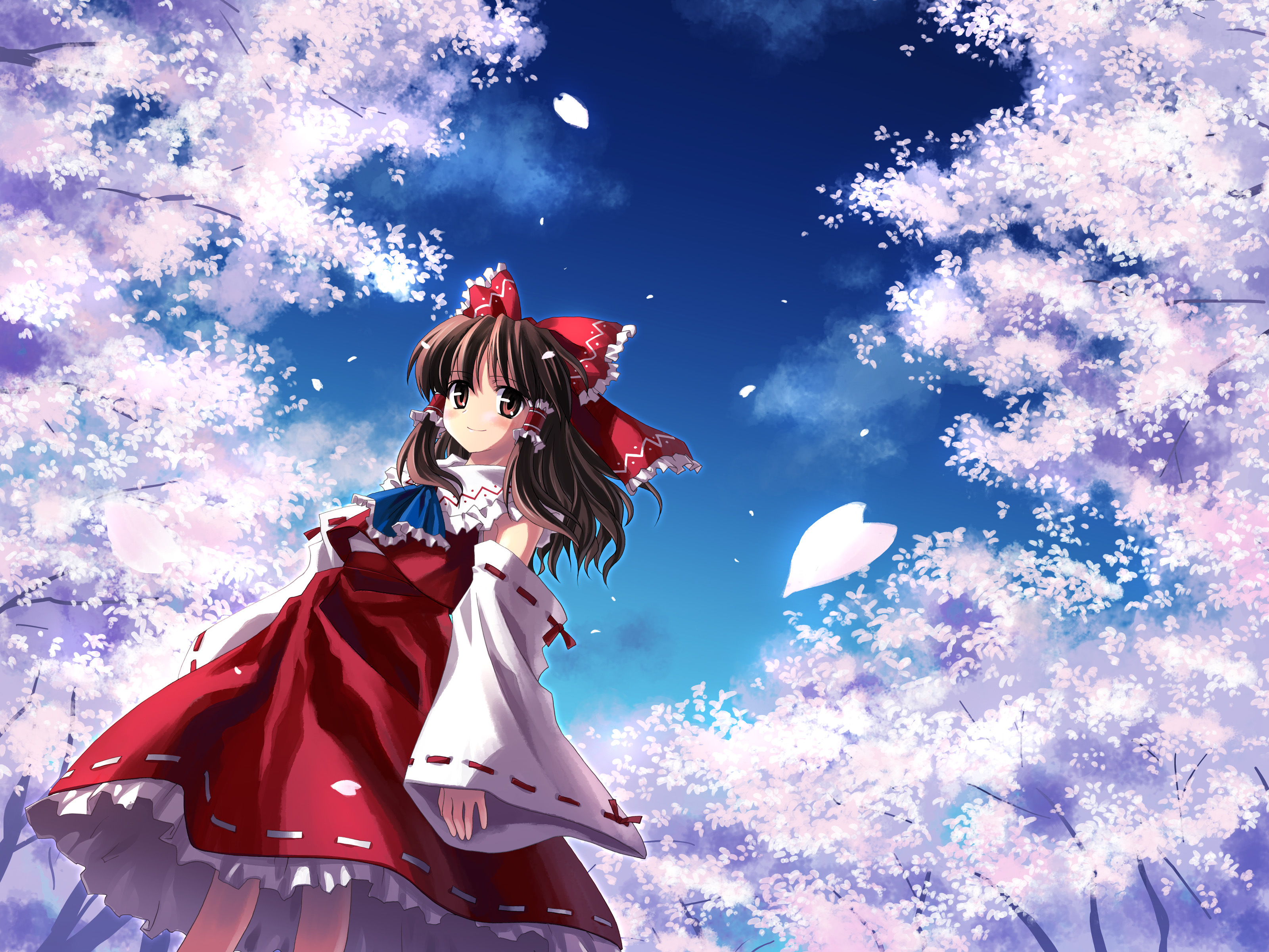 yuuki tatsuya, hakurei reimu, phantasmagoria of flower view, touhou, absurdres, highres, 1girl, ascot, bow, brown eyes, brown hair, capelet, cherry blossoms, detached sleeves, female focus, frilled skirt, frills, from below, hair bow, hair tubes, large bow, long hair, night, outdoors, petals, sidelocks, skirt, skirt set, sky, smile, solo, vest, wide sleeves