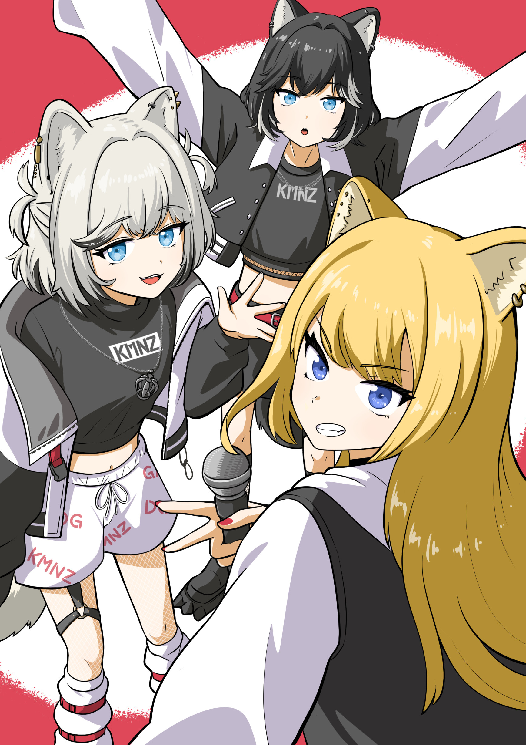 itsumeee3, lita (kmnz), nero (kmnz), tina (kmnz), kmnz, absurdres, commentary request, highres, 3girls, :o, animal ear piercing, animal ears, black hair, black jacket, black shirt, blonde hair, blue eyes, clothes writing, dog ears, dog girl, double-parted bangs, hair intakes, holding, holding microphone, jacket, jewelry, long hair, long sleeves, looking at viewer, microphone, midriff, multiple girls, necklace, open clothes, open jacket, open mouth, shirt, short hair, short shorts, shorts, smile, v, virtual youtuber, white background, white hair, white shorts