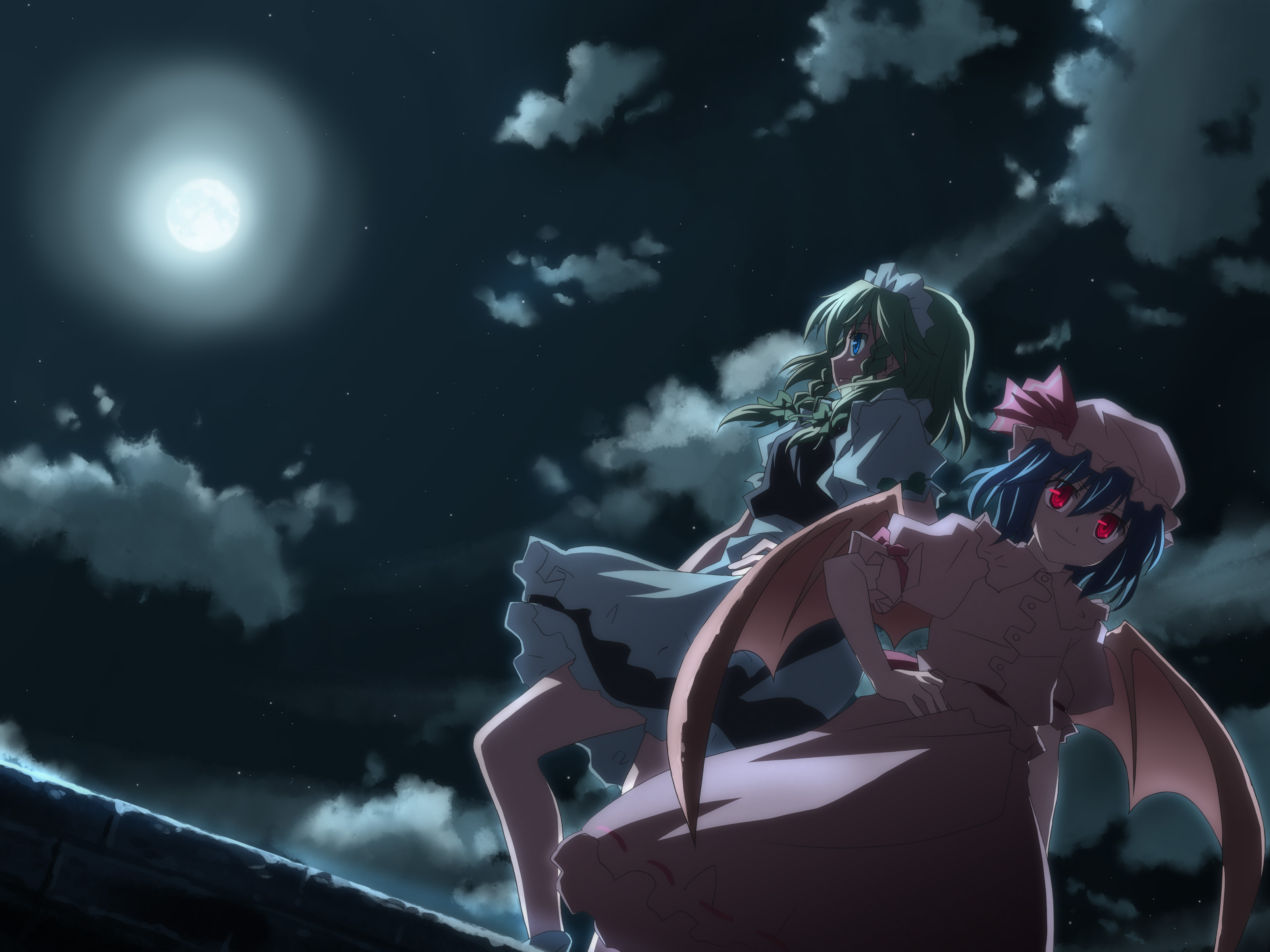 yuuki tatsuya, izayoi sakuya, remilia scarlet, touhou, absurdres, highres, 2girls, bat wings, dress, female focus, maid, moon, multiple girls, night, night sky, outdoors, sky, wings