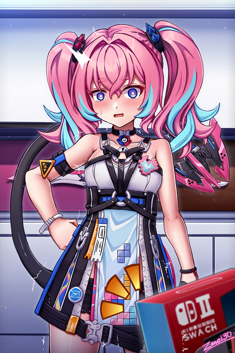 zero130rider, delta (honkai impact), rozaliya olenyeva, honkai (series), honkai impact 3rd, highres, textless version, 1girl, artist name, blue eyes, blue hair, dress, long hair, looking at viewer, multicolored hair, pink hair, solo, surprised, tail, twintails, two-tone hair