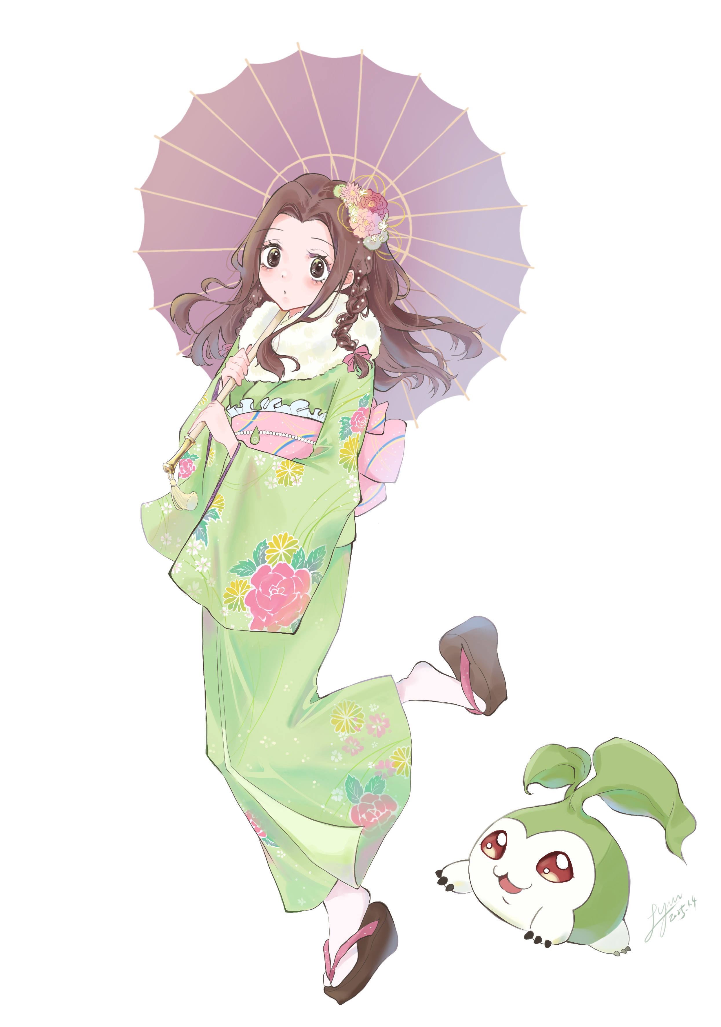 tachikawa mimi, tanemon, digimon, brown eyes, brown hair, japanese clothes, kimono, long hair, looking at viewer, pixiv user (4025235), simple background, white background