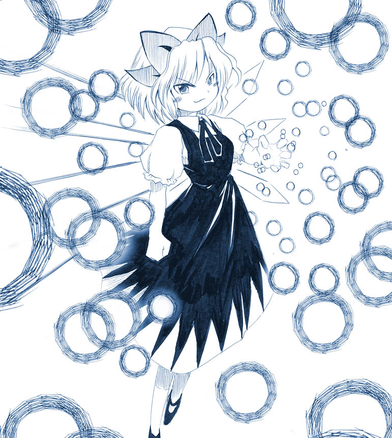 cirno, embodiment of scarlet devil, touhou, 1girl, blue theme, danmaku, female focus, monochrome, solo