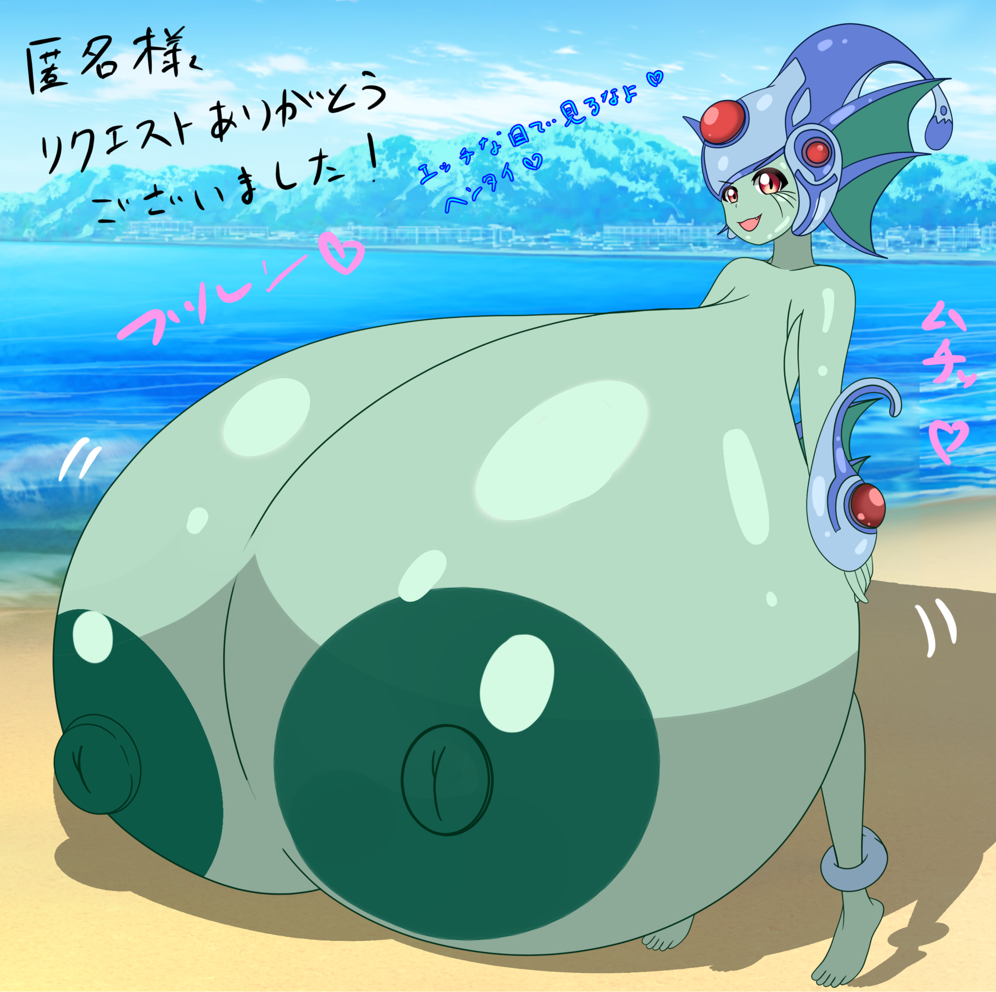 ranamon, digimon, translation request, beach, digimon (creature), fins, frog girl, head fins, helmet, monster girl, pixiv user (46417883), shadow