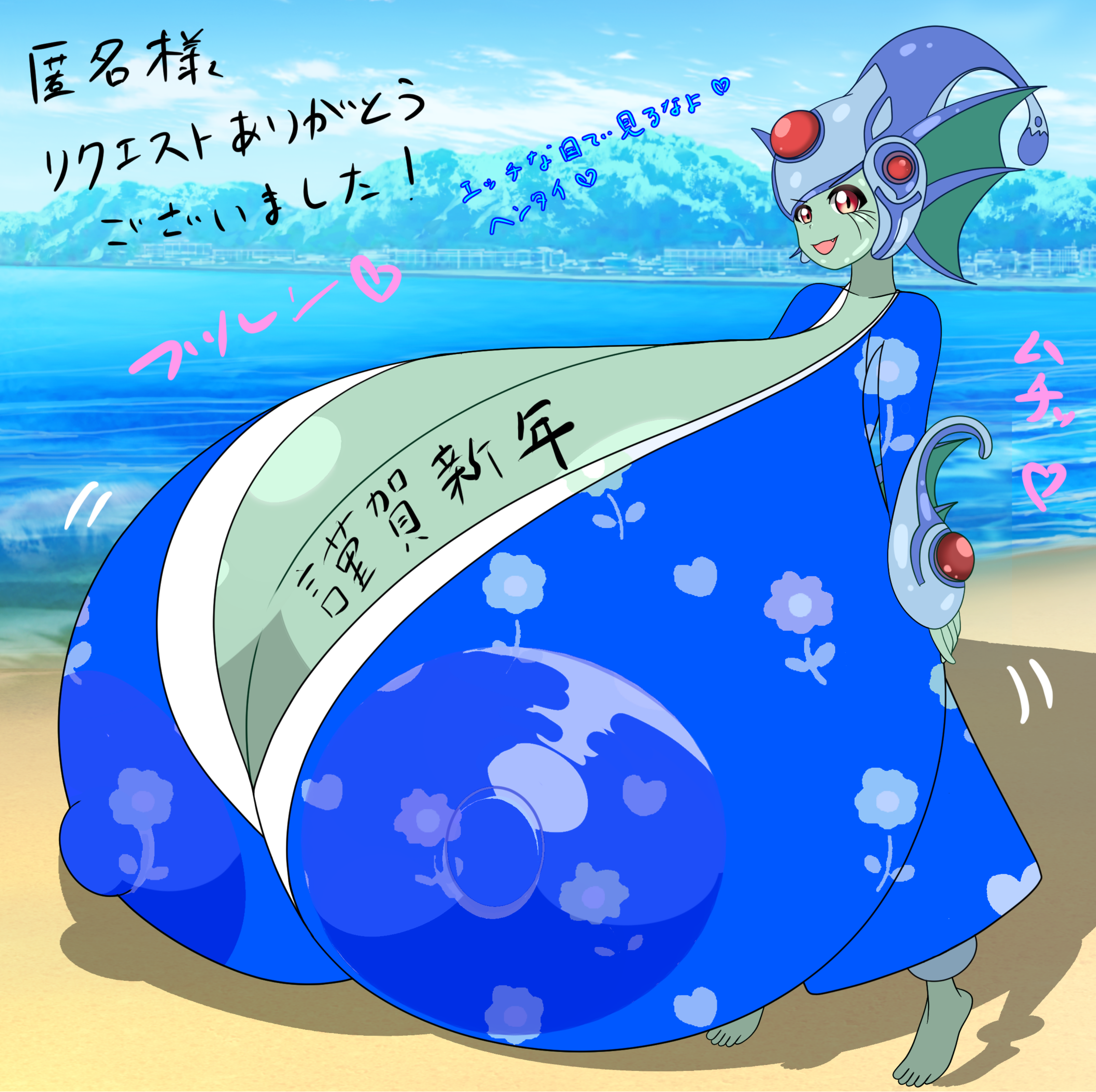 ranamon, digimon, translation request, beach, digimon (creature), fins, frog girl, head fins, helmet, monster girl, pixiv user (46417883), shadow