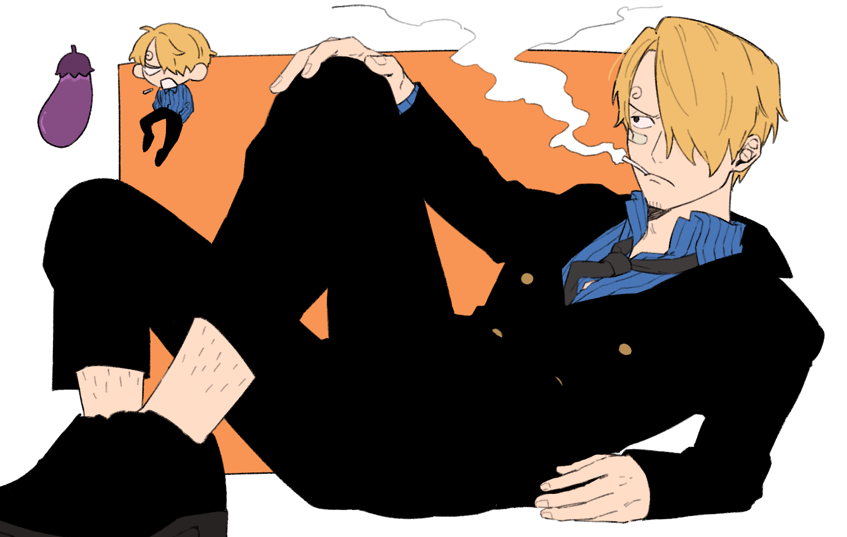 iqracha, sanji (one piece), one piece, highres, 1boy, bandaid, bandaid on face, black jacket, black necktie, black pants, black shoes, blonde hair, blue shirt, border, chibi, closed mouth, curly eyebrows, eggplant, facial hair, goatee stubble, jacket, knee up, leg hair, long sleeves, looking ahead, lying, male focus, necktie, on back, pants, shirt, shoes, short hair, smoke, smoking, striped clothes, striped shirt, stubble, vertical-striped clothes, vertical-striped shirt, white border