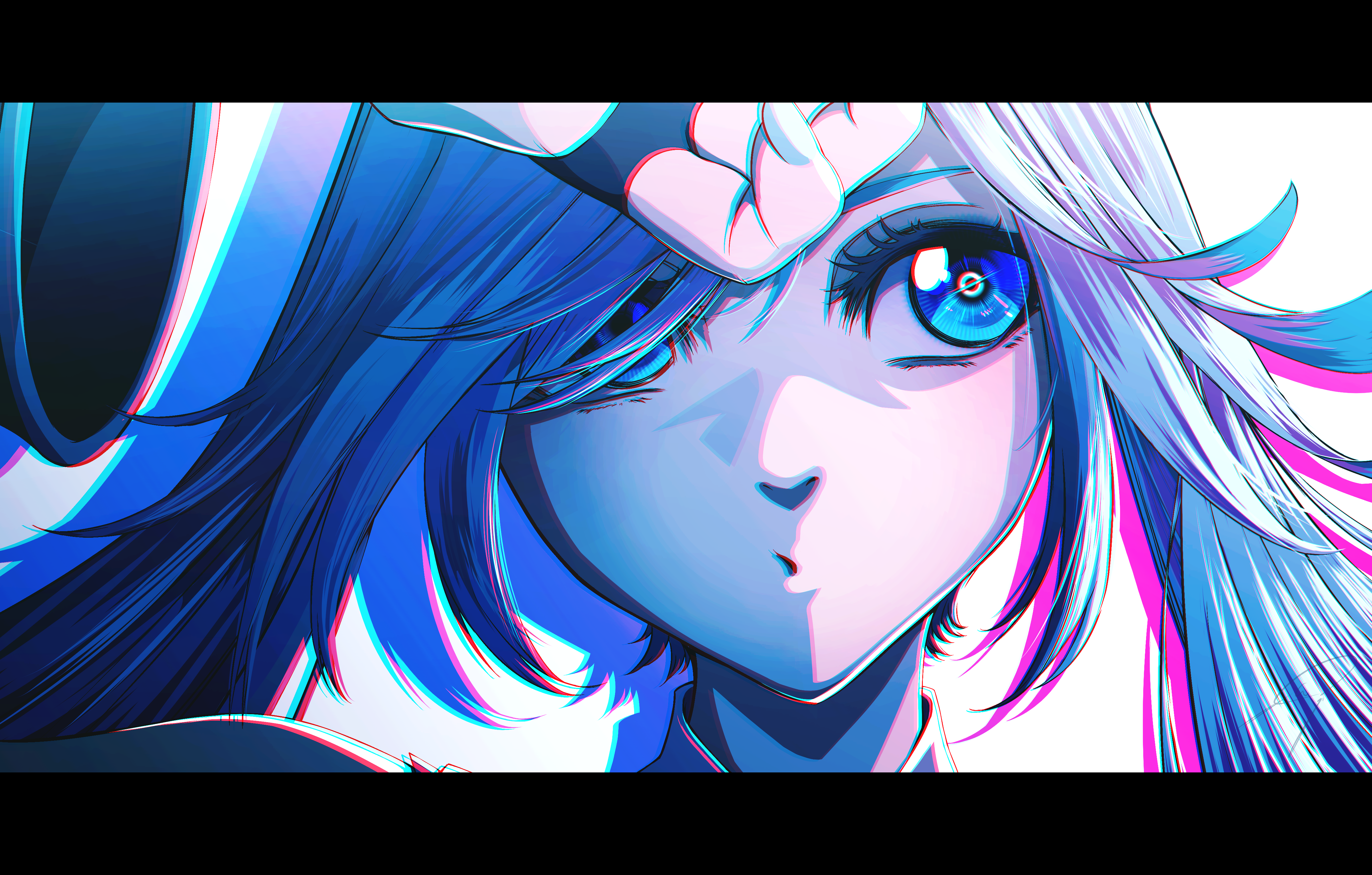 nengoro, hatsune miku, vocaloid, absurdres, commentary request, highres, 1girl, aqua eyes, aqua hair, chromatic aberration, eyelashes, hair over one eye, letterboxed, long bangs, long hair, parted lips, portrait, signature, solo