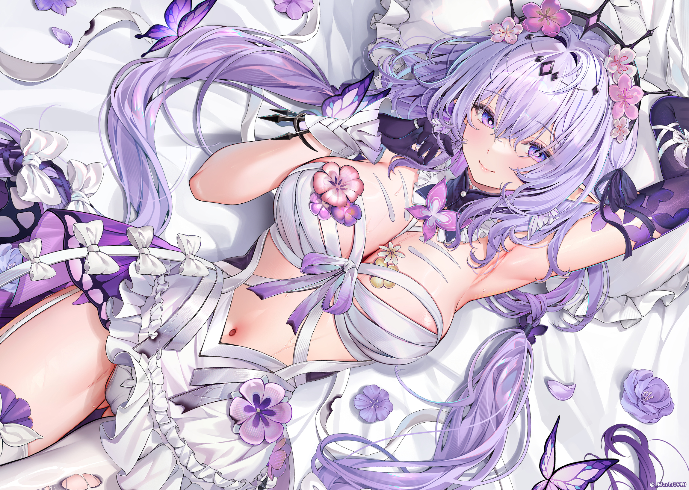 machi (machi0910), castorice (honkai: star rail), honkai: star rail, honkai (series), commentary request, highres, merchandise available, 1girl, arm up, armpits, asymmetrical gloves, bed, black tiara, blush, bow, breasts, butterfly earrings, cleavage, closed mouth, clothes lift, collar, dakimakura (medium), dress, dress lift, earrings, flower, gloves, hair between eyes, hair bow, hair flower, hair intakes, hair ornament, hand up, jewelry, large breasts, long hair, looking at viewer, lying, on back, on bed, panties, parted lips, pillow, pink flower, pointy ears, purple bow, purple eyes, purple gloves, purple hair, sidelocks, smile, solo, sweat, tiara, twitter username, underwear, uneven gloves, upper body, white dress, white panties