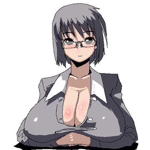 artist request, character request, lowres, blush, breasts, cleavage, glasses, grey eyes, grey hair, huge breasts, large breasts, oekaki, office lady, solo