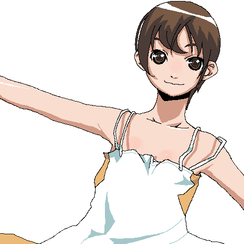 lowres, 1girl, brown eyes, brown hair, female focus, oekaki, short hair, simple background, solo