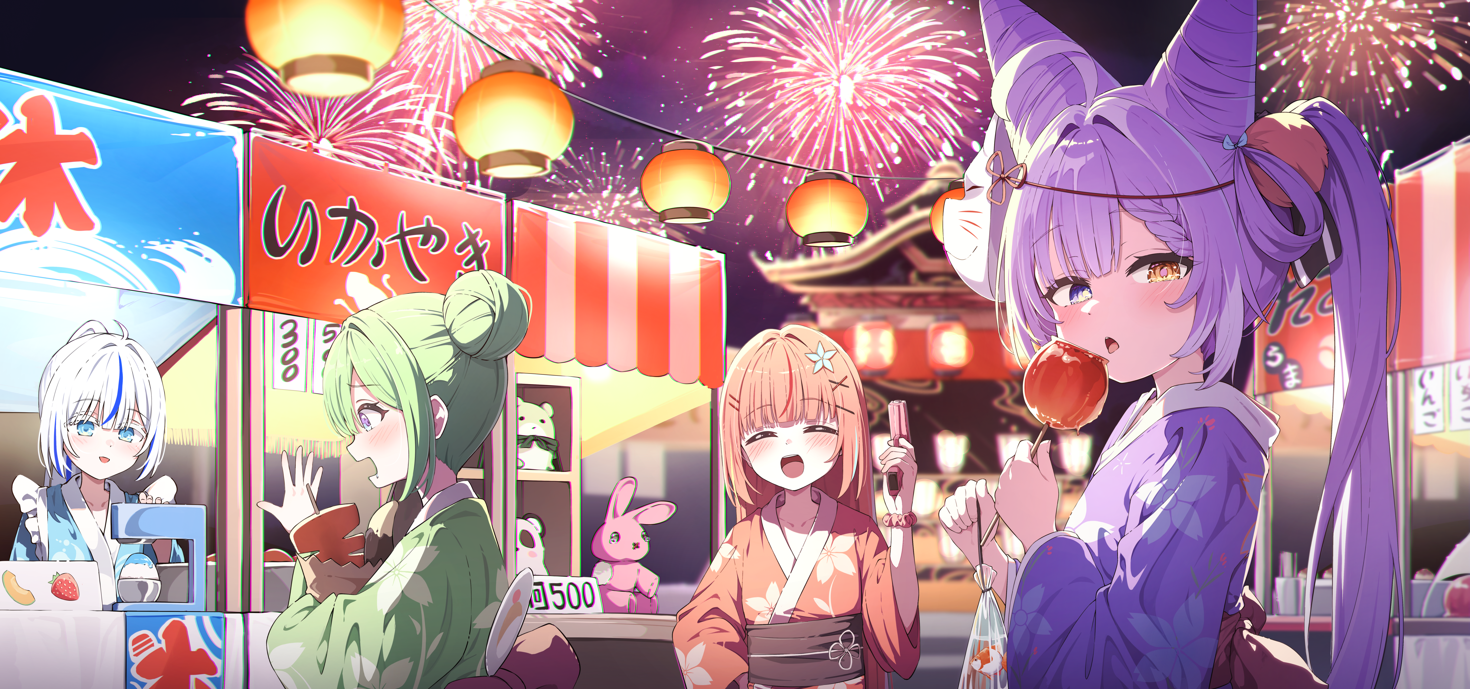 mannack, aokumo rin, hanako nana, tenko shibuki, yuzuha riko, stellive, absurdres, commentary request, highres, korean commentary, 4girls, aerial fireworks, blue kimono, candy apple, festival, fireworks, food, green hair, hair bun, heterochromia, japanese clothes, kimono, long hair, mask, mask on head, multiple girls