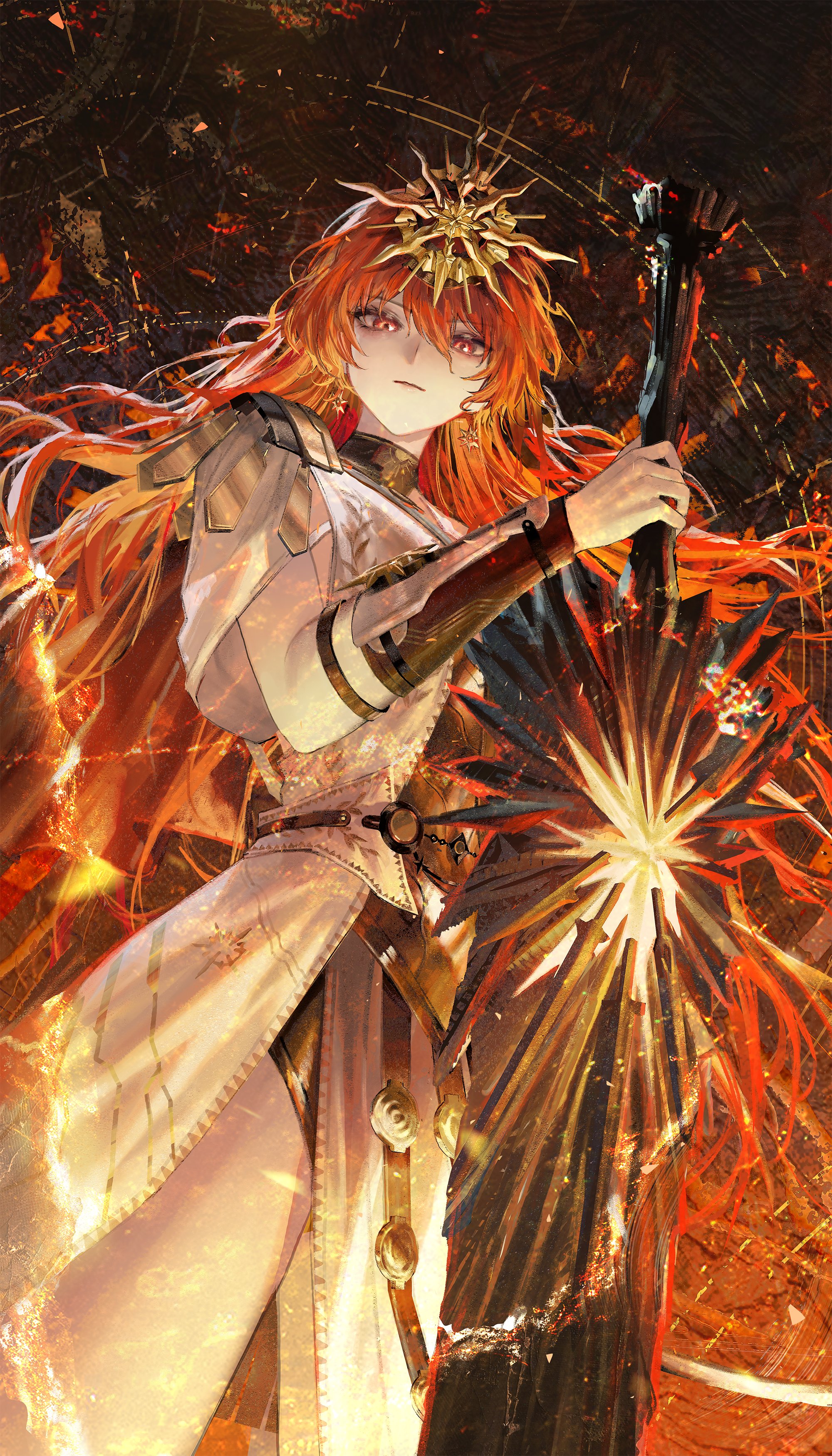 rsef, augusta (wuthering waves), wuthering waves, absurdres, commentary, hashtag-only commentary, highres, 1girl, ancient greek clothes, arm armor, armor, black collar, breastplate, breasts, collar, dress, earrings, greatsword, greco-roman clothes, hair between eyes, headgear, holding, holding sword, holding weapon, jewelry, long hair, medium breasts, orange hair, solo, sun earrings, sword, very long hair, weapon, white dress