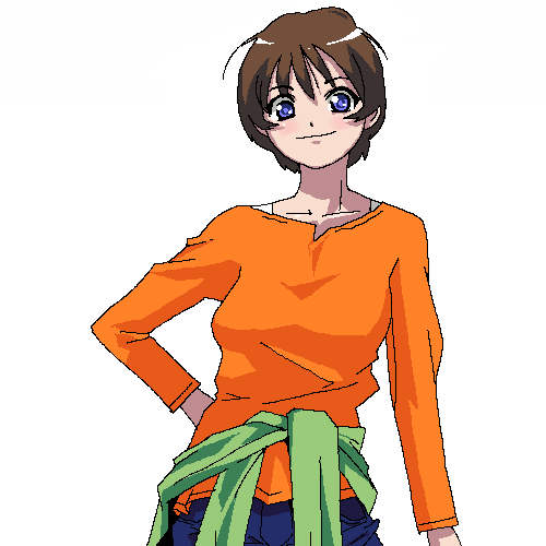 lowres, 1girl, blue eyes, brown hair, clothes around waist, female focus, oekaki, orange shirt, shirt, short hair, solo, sweater, sweater around waist