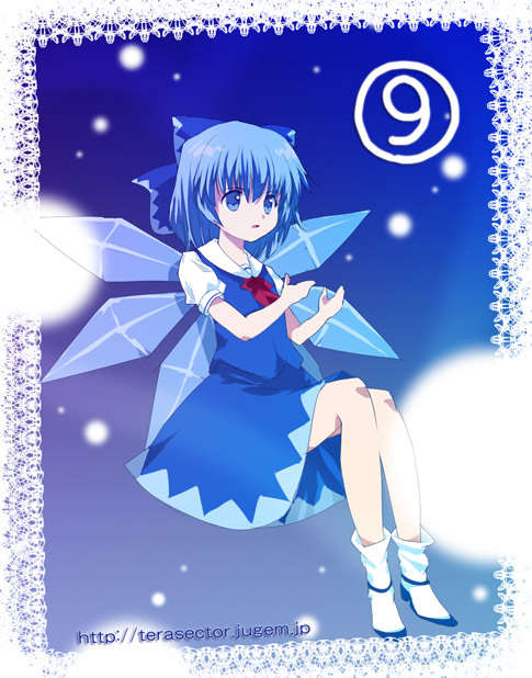 omuni, cirno, phantasmagoria of flower view, touhou, 1girl, blue background, border, circled 9, female focus, full body, gradient background, invisible chair, lace, lace border, ornate border, sitting, skirt, snowing, socks, solo, watermark, web address, white socks, wings