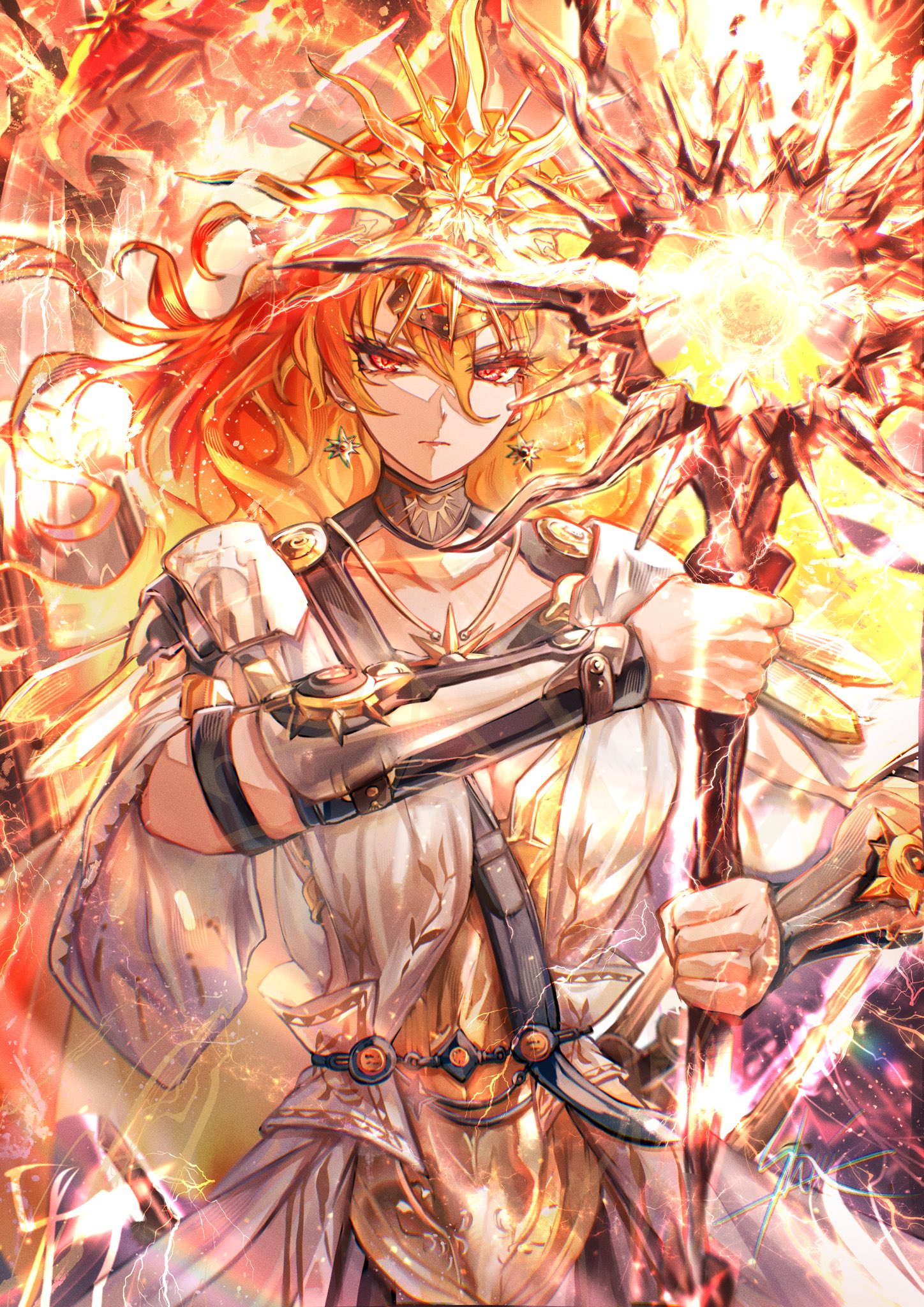 yoru shiki, augusta (wuthering waves), wuthering waves, commentary request, highres, revision, 1girl, ancient greek clothes, arm armor, armor, black collar, breastplate, breasts, cable, closed mouth, collar, dress, earrings, greatsword, greco-roman clothes, hair between eyes, headgear, holding, holding sword, holding weapon, jewelry, medium breasts, multicolored hair, orange hair, red eyes, solo, sun earrings, sword, two-handed, two-tone hair, upper body, weapon, white dress