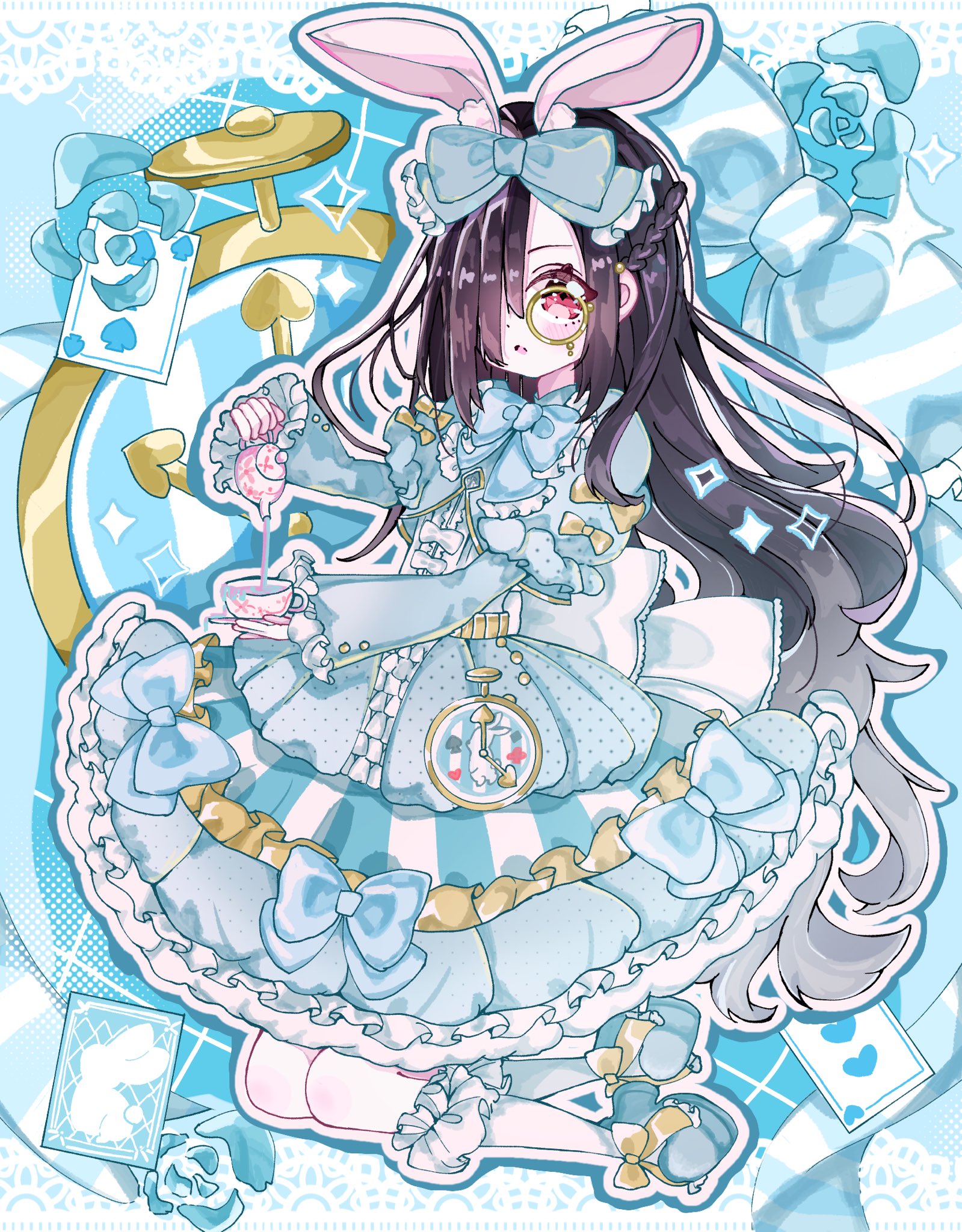 tenne miko, heaven burns red, highres, 1girl, animal ears, black hair, bow, covered eyes, dress, gothic lolita, hair over one eye, hamaguri mafuyu, lolita fashion, long hair, long sleeves, one eye covered, pantyhose, rabbit ears, red eyes, solo, sweet lolita, very long hair, white pantyhose