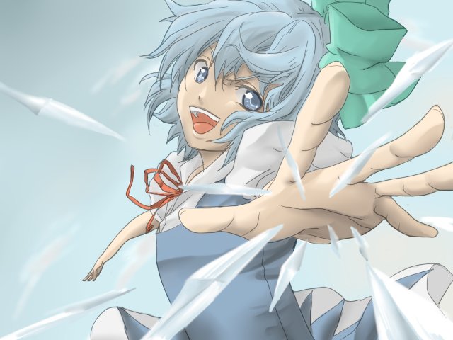 machomaru, cirno, shoot the bullet, touhou, 1girl, bow, female focus, smile, solo