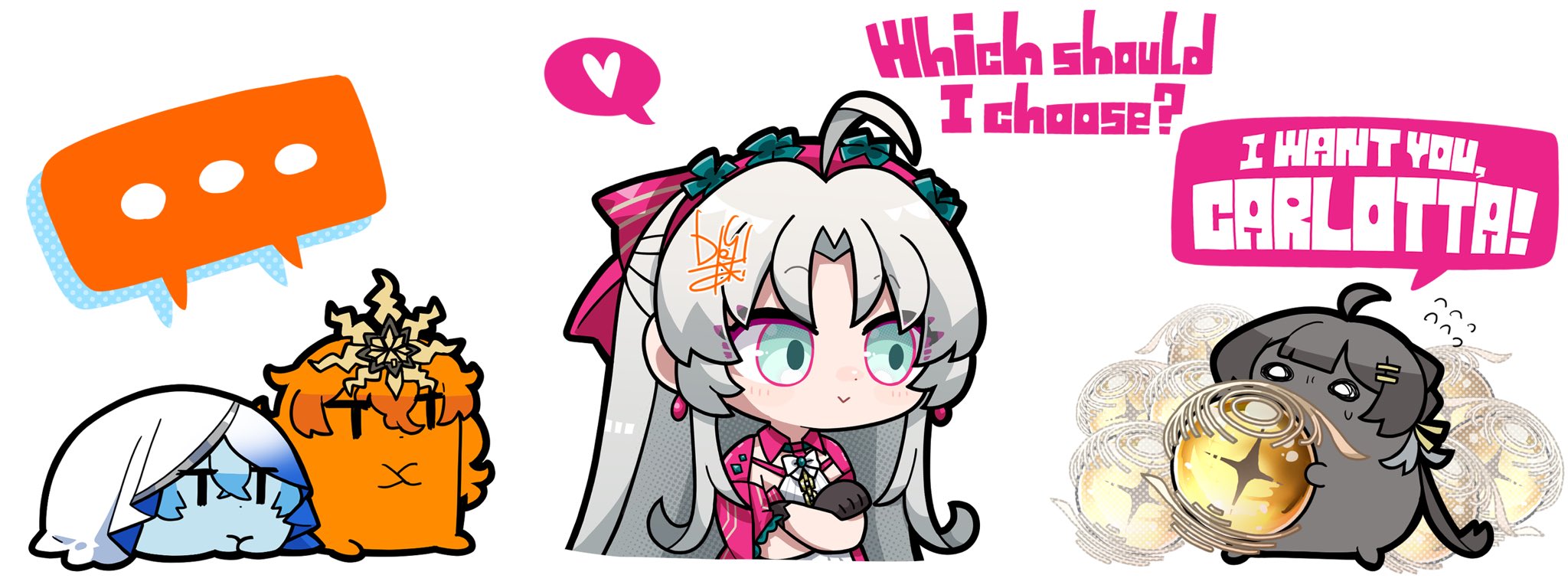 dog-san, augusta (wuthering waves), carlotta (wuthering waves), female rover (wuthering waves), rover (wuthering waves), shorekeeper (wuthering waves), wuthering waves, commentary, commentary request, english commentary, highres, mixed-language commentary, …, 1girl, ahoge, aqua eyes, black gloves, blue veil, bow, closed mouth, earrings, english text, gloves, grey hair, hair bow, hairband, heart, jacket, jewelry, long hair, looking at another, parted bangs, pink bow, pink hairband, pink jacket, simple background, smile, solo, spoken ellipsis, spoken heart, striped bow, two-tone veil, veil, white background, white veil
