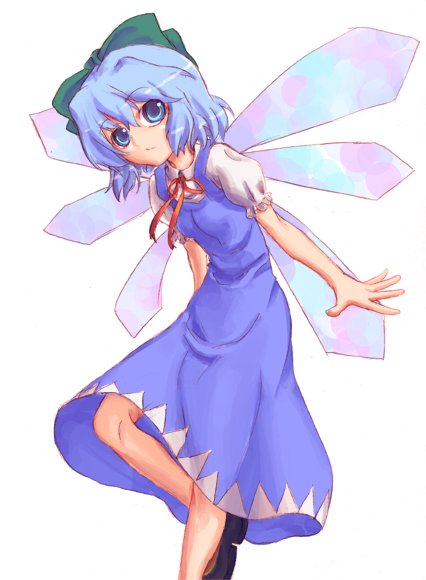 juuka@100neko, cirno, shoot the bullet, touhou, 1girl, bow, female focus, solo, wings
