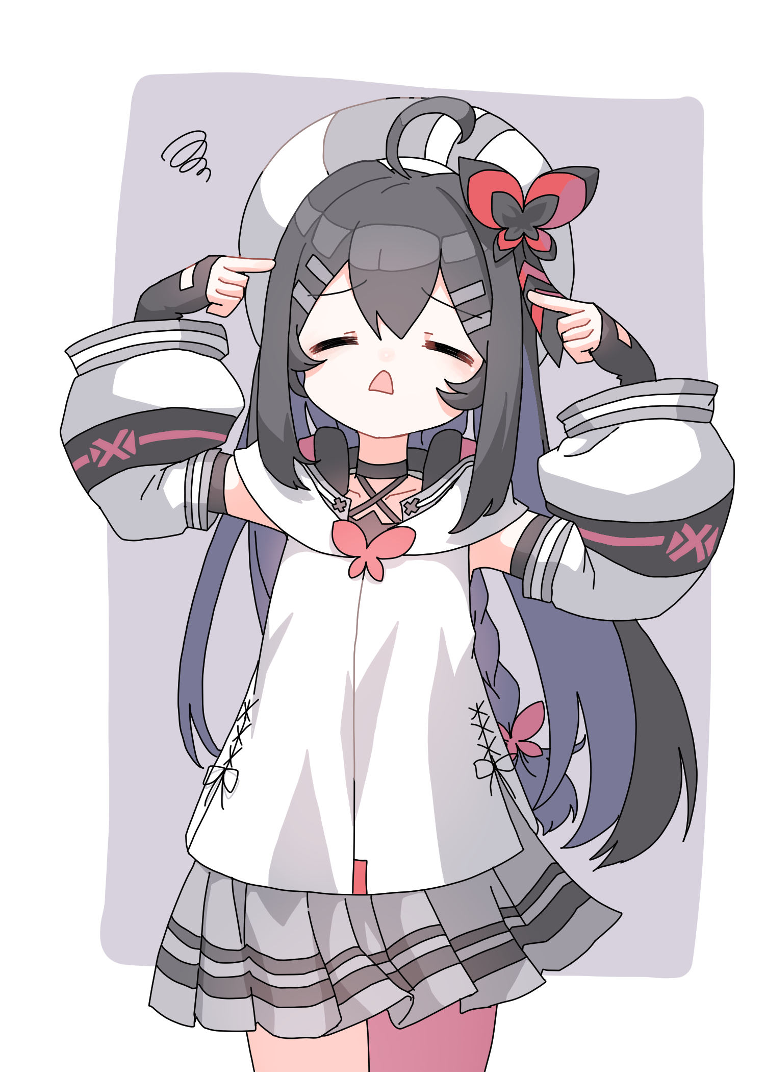 zonne=quael, geopelia, phigros, highres, 1girl, ahoge, beret, black gloves, black hair, braid, butterfly hair ornament, choker, closed eyes, cross-laced clothes, detached sleeves, finger to head, fingerless gloves, gloves, grey background, grey skirt, hair between eyes, hair ornament, hat, headphones, headphones around neck, layered clothes, open mouth, pointing, pointing at self, simple background, skirt, squiggle, triangle mouth, v-shaped eyebrows, white background, white hat
