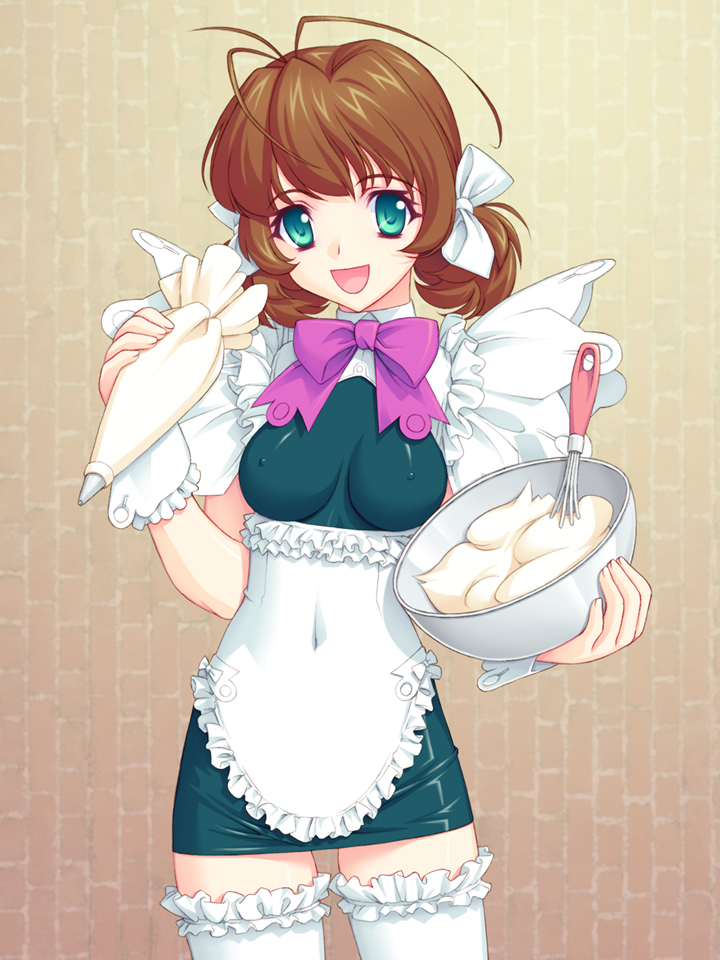 miyama amehiko, original, antenna hair, brown hair, cooking, cowboy shot, green eyes, hair ribbon, maid, ribbon, short hair, skin tight, solo, thighhighs, twintails, white thighhighs