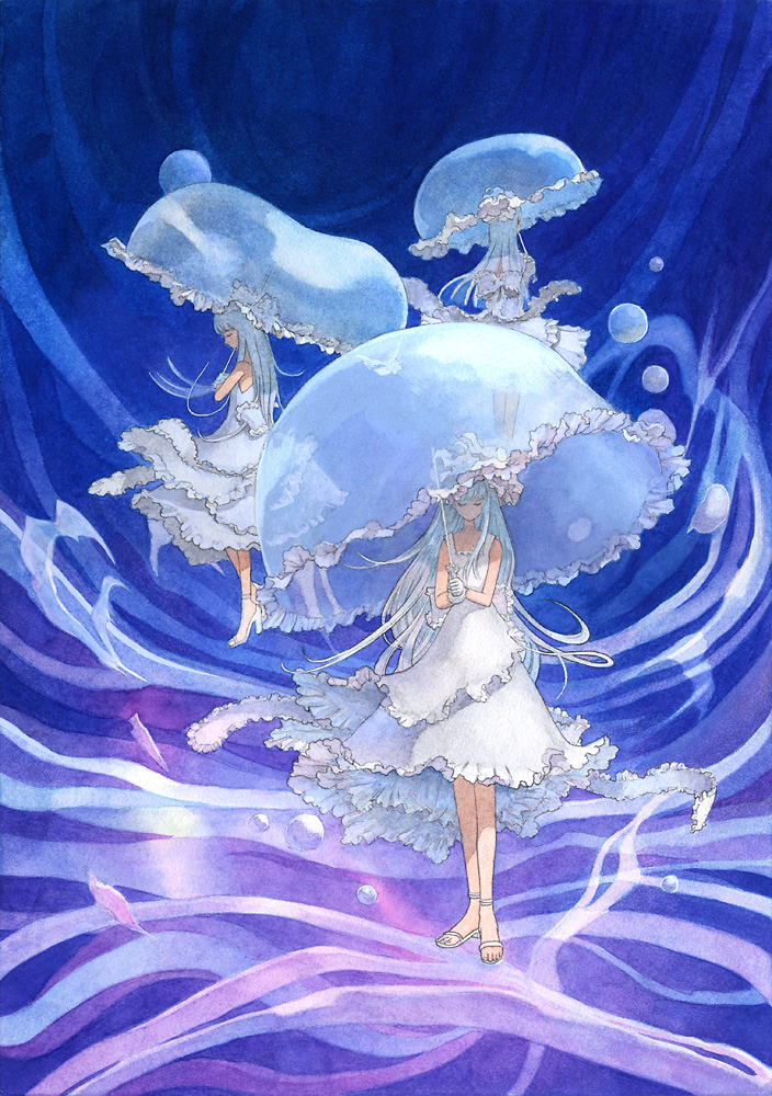 efira, original, painting (medium), traditional media, watercolor (medium), bubble, dress, frills, gloves, jellyfish, sandals, umbrella, underwater