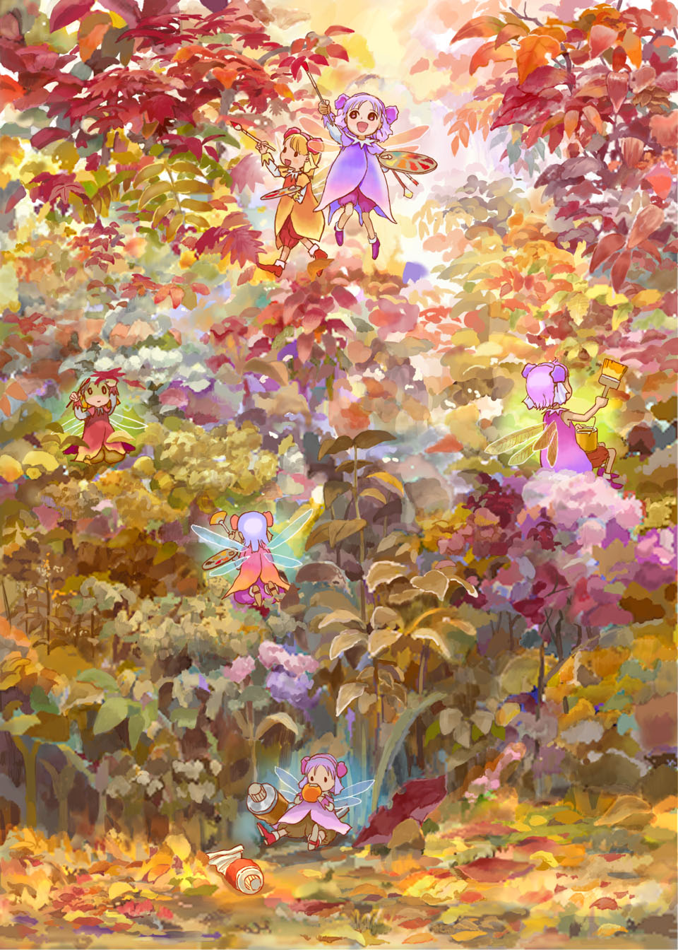 efira, original, highres, 6+girls, art brush, autumn, eating, fairy, food, leaf, multiple girls, nature, paint, paint palette, paintbrush, painting (action), scenery, wings