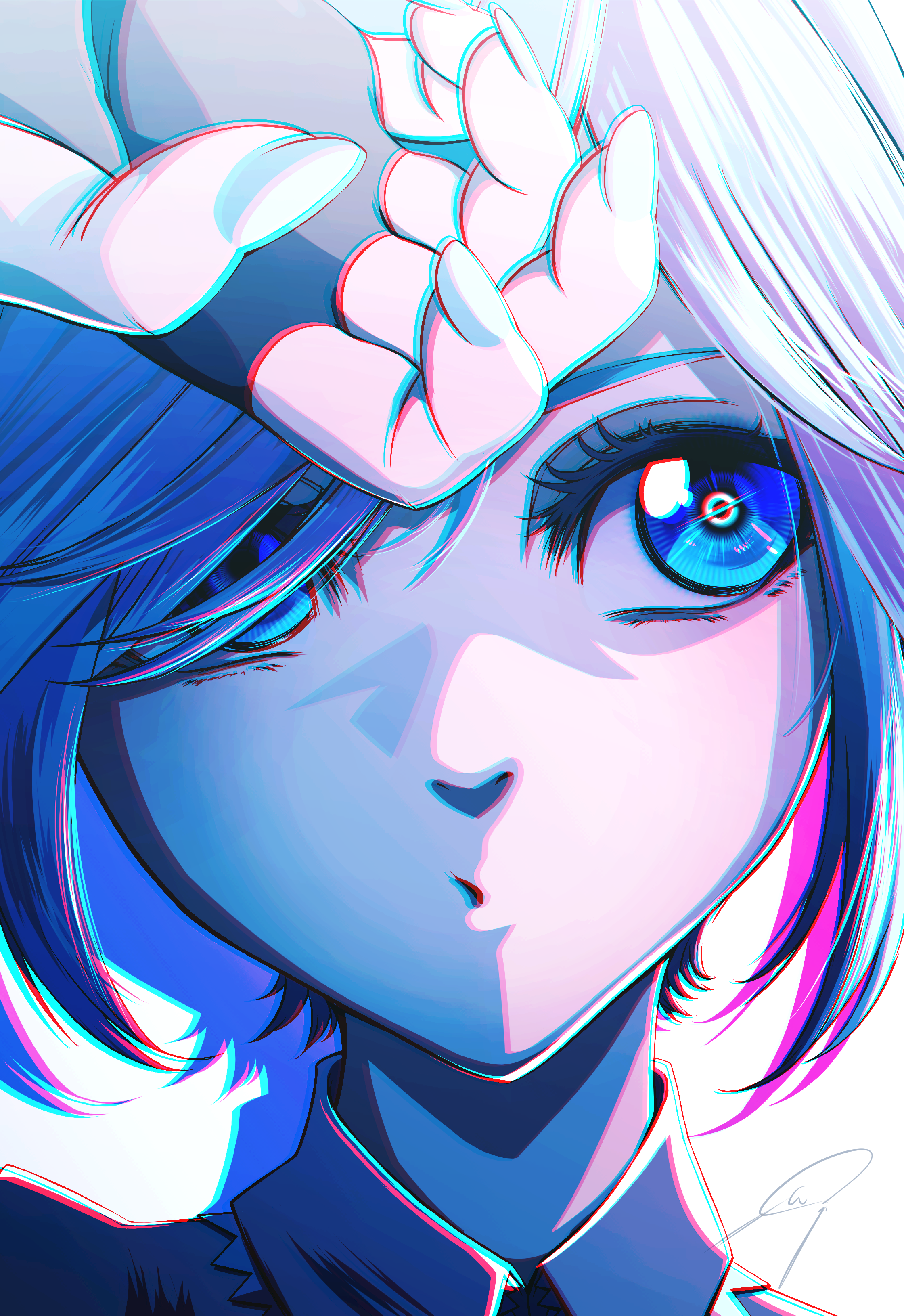 nengoro, hatsune miku, vocaloid, absurdres, commentary request, highres, 1girl, blue eyes, blue hair, chromatic aberration, drop shadow, expressionless, eyelashes, hair over one eye, hand up, long bangs, parted lips, portrait, signature, solo