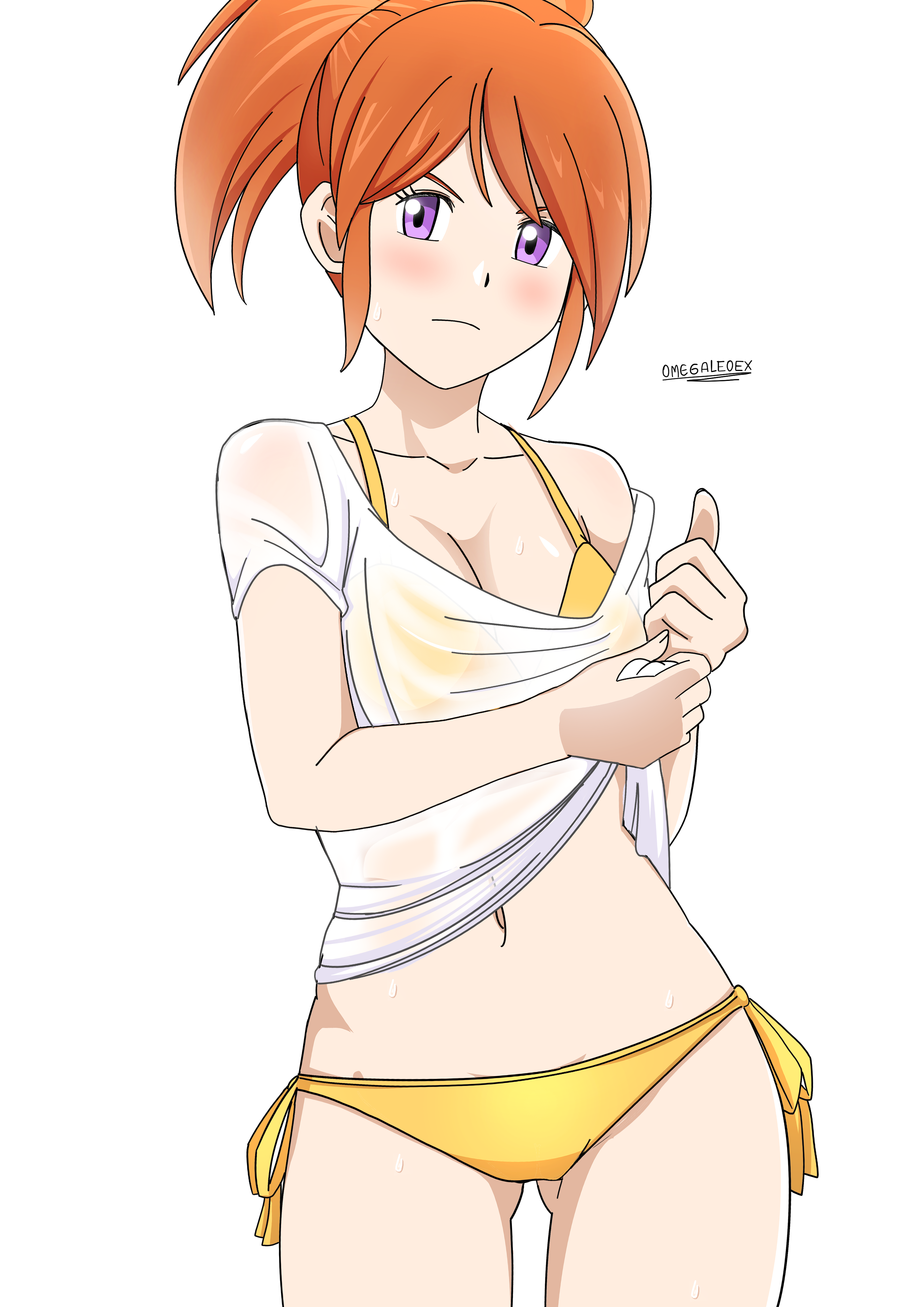 makino ruki, digimon, digimon tamers, bikini, blush, hair ornament, hairpin, looking back, omegaleoex, ponytail, purple eyes, swimsuit, wet