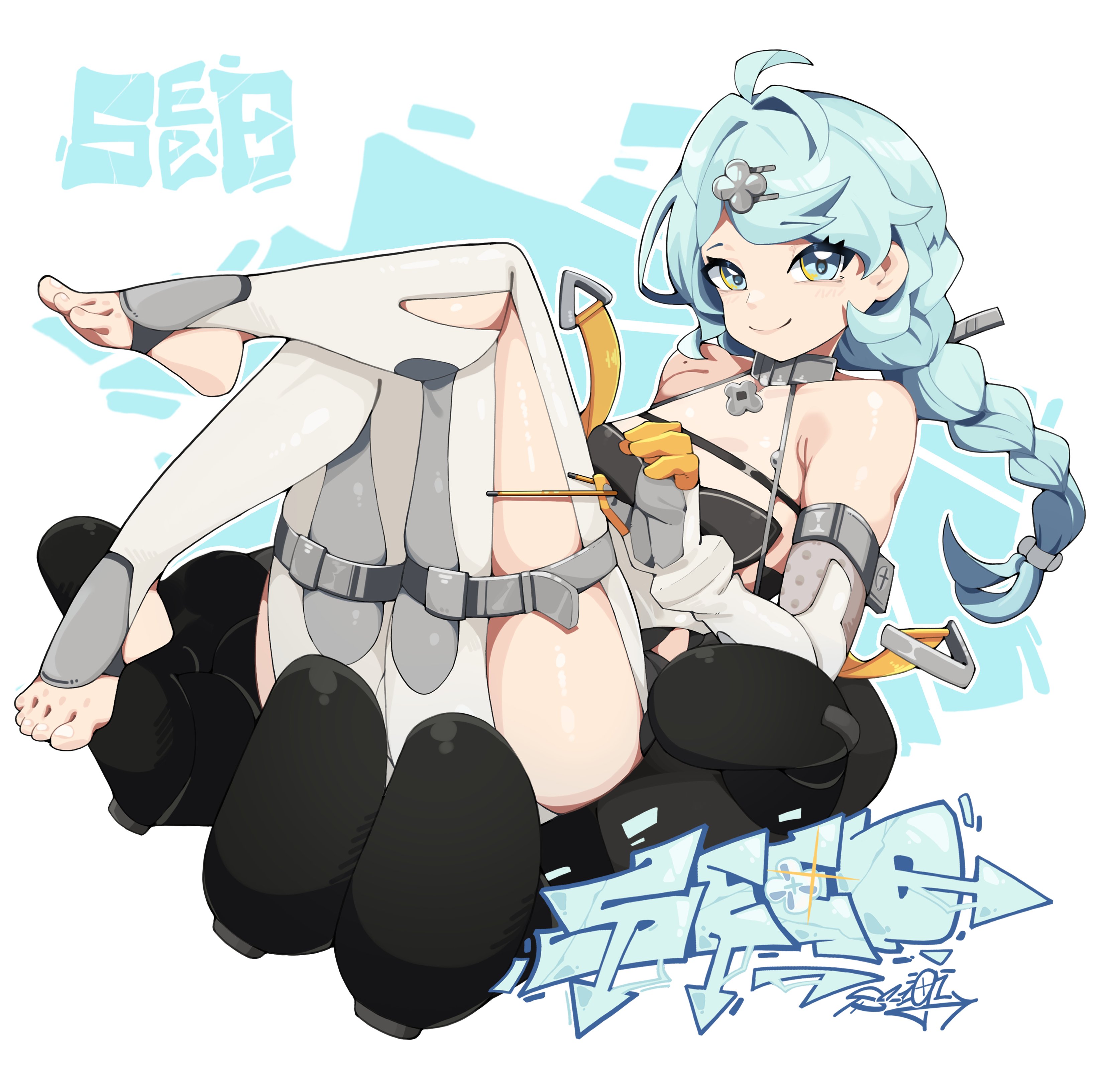 esnowg, hashimoto seigi, seed (zenless zone zero), zenless zone zero, absurdres, highres, blue hair, dress, feet, green eyes, mecha, mecha pilot suit, military, robot, seed, seed sr., white background, white dress