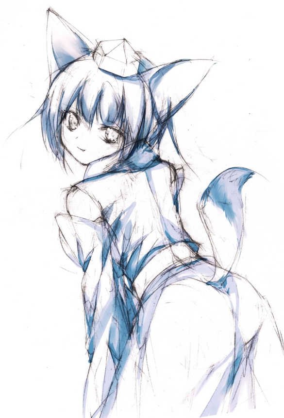 repair, inubashiri momiji, touhou, traditional media, 1girl, animal ears, ass, detached sleeves, fang, female focus, hat, leaning forward, looking back, monochrome, simple background, sketch, smile, solo, tail, wolf ears