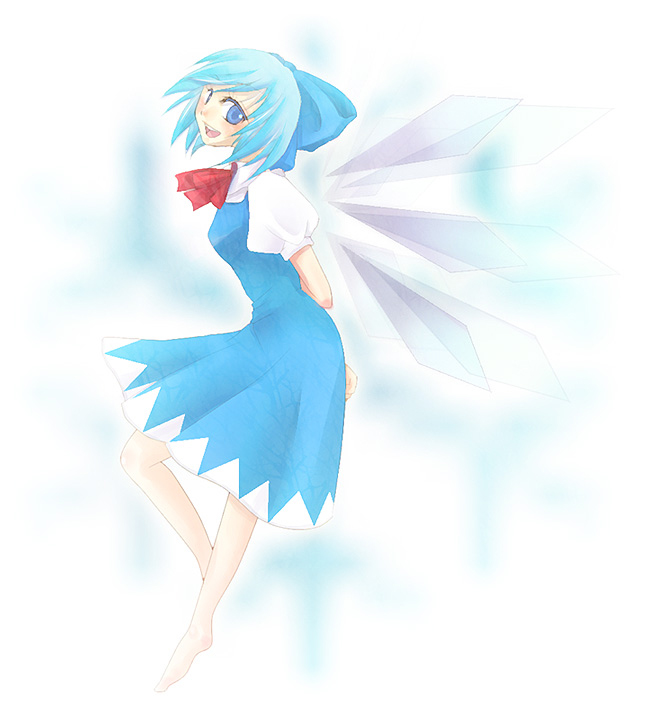 cirno, embodiment of scarlet devil, touhou, 1girl, aged up, barefoot, bow, female focus, from side, smile, solo, wings