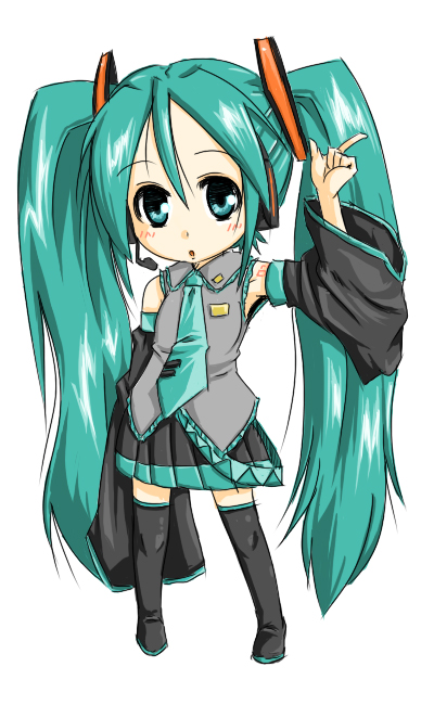 hatsune miku, vocaloid, 1girl, aqua hair, chibi, female focus, long hair, solo, thighhighs, twintails, very long hair