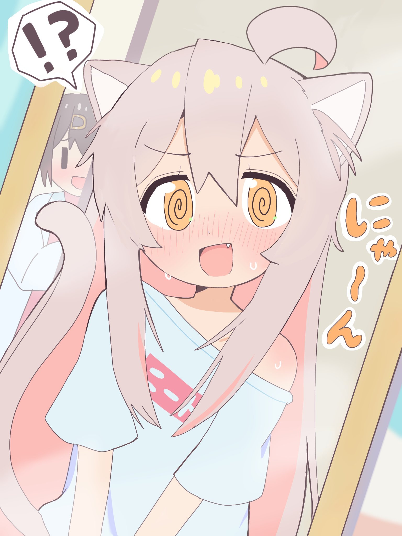 pahurino, oyama mahiro, oyama mihari, onii-chan wa oshimai!, highres, !?, 2girls, :d, @ @, ahoge, animal ears, blush, cat ears, cat girl, cat tail, embarrassed, fang, female pov, hair between eyes, hair ornament, hairclip, kemonomimi mode, lab coat, long hair, looking at mirror, mirror, multiple girls, nose blush, off shoulder, open mouth, orange eyes, oversized clothes, oversized shirt, pink hair, pov, shirt, short sleeves, siblings, single bare shoulder, sisters, smile, solo focus, spoken interrobang, sweat, t-shirt, tail, | |