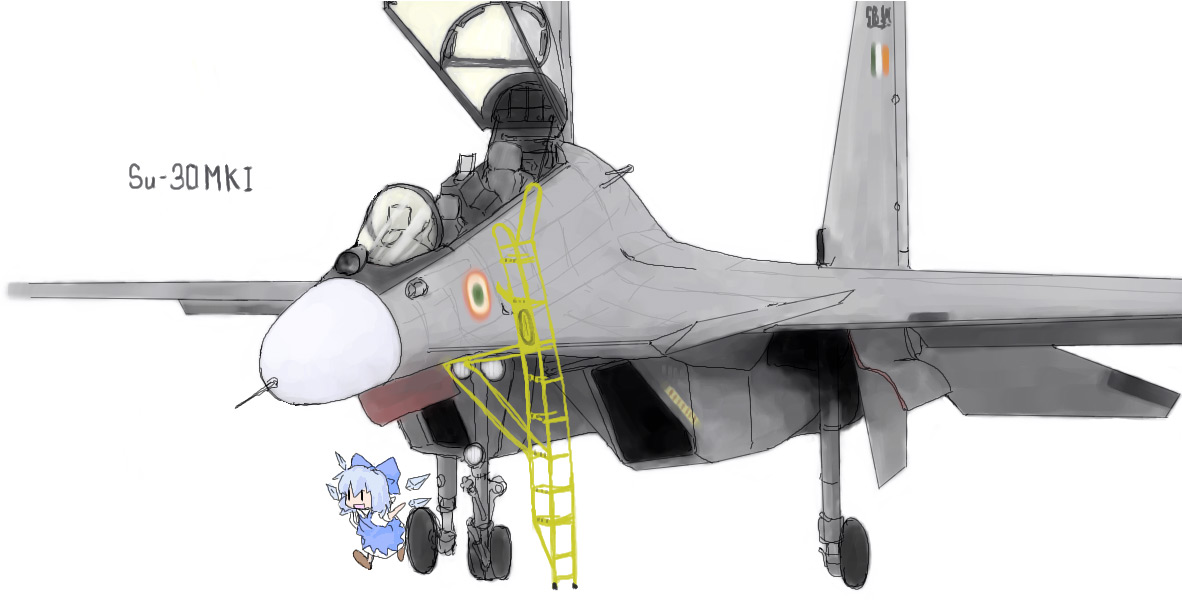 cirno, su-30, touhou, bad id, bad pixiv id, 1girl, air supreriority fighter, aircraft, airplane, chibi, female focus, fighter aircraft, fighter jet, interdictor, military, military vehicle, multirole combat aircraft, solo, vehicle focus, wings