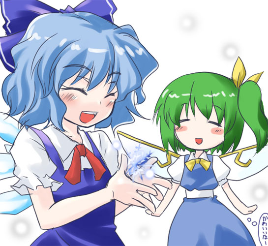 cirno, daiyousei, embodiment of scarlet devil, touhou, bad id, bad pixiv id, translation request, 2girls, female focus, multiple girls, snowflakes, wings