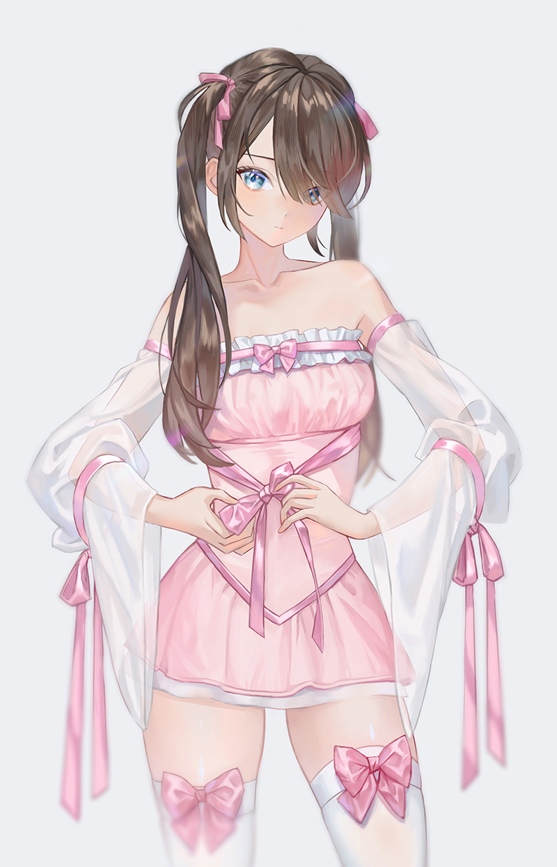 oto1 030, original, commentary, english commentary, highres, 1girl, aqua eyes, balletcore, bow, bow legwear, brown hair, closed mouth, collarbone, cowboy shot, detached sleeves, dress, dress bow, expressionless, frilled dress, frills, grey background, hair over one eye, hair over shoulder, hair ribbon, long bangs, long hair, long sleeves, looking at viewer, microdress, parted bangs, pink bow, pink dress, pink ribbon, ribbon, see-through clothes, see-through sleeves, simple background, solo, standing, straight-on, strapless, strapless dress, thighhighs, twintails, white sleeves, white thighhighs, wide sleeves, zettai ryouiki