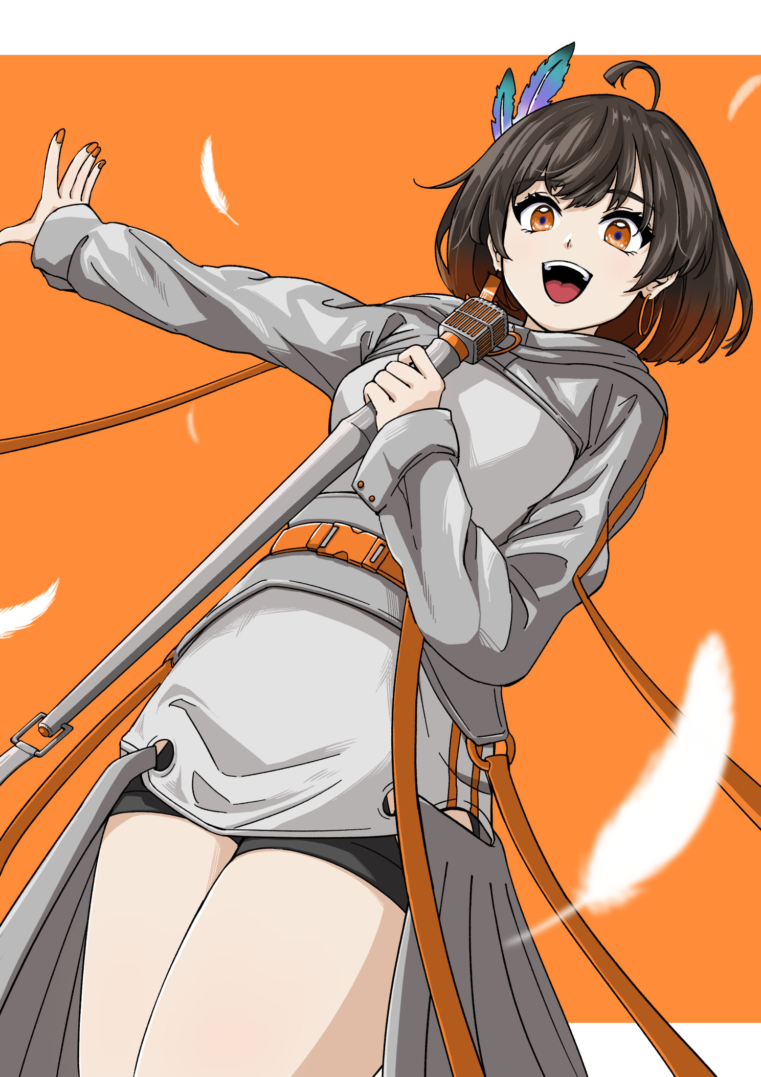 itsumeee3, kasuka (vesperbell), vesperbell, commentary request, highres, 1girl, ahoge, black shorts, breasts, brown hair, cowboy shot, dutch angle, feather hair ornament, feathers, grey shirt, grey shrug, hair ornament, hand up, holding, holding microphone stand, letterboxed, long sleeves, looking at viewer, microphone, microphone stand, music, nail polish, open mouth, orange background, orange eyes, orange nails, outside border, shirt, short hair, short shorts, shorts, shrug (clothing), singing, small breasts, smile, solo, swept bangs, teeth, thighs, upper teeth only, virtual youtuber, white feathers