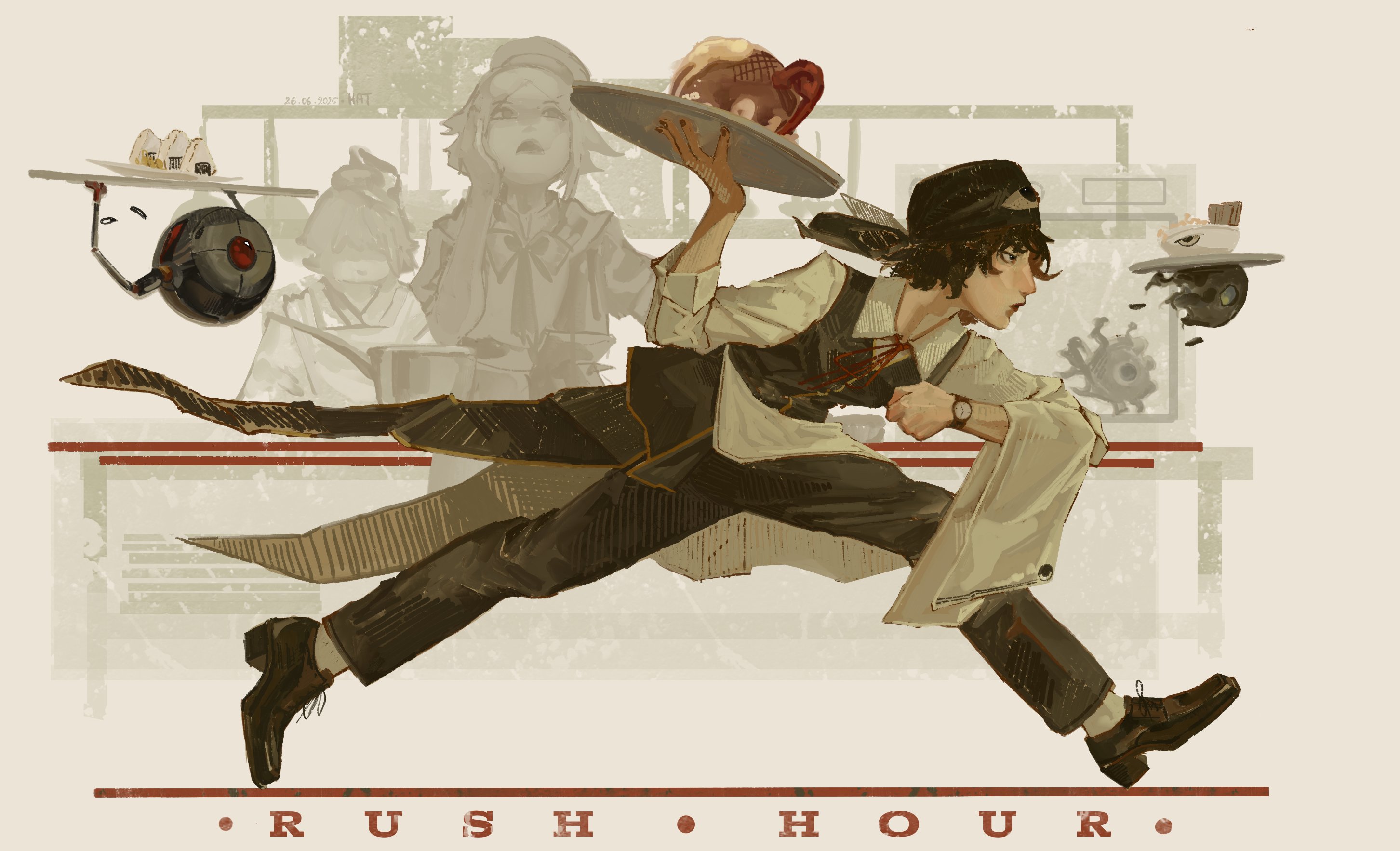 hatsburg, enraku tsubakura, enraku tsubakura (waiter form), houlen yabusame, houlen yabusame (chef form), senri tsurubami, book of the cafe, len'en, highres, 3others, beanie, black hair, black hat, black pants, black shoes, black vest, chef, chef hat, clenched hand, collared shirt, dress pants, dress shoes, english text, eye of senri, food, full body, hat, japanese clothes, kariginu, leaning forward, long sleeves, multiple others, official alternate costume, onigiri, pants, plate, robot, running, shirt, shoes, short hair, socks, solo focus, towel, vest, waiter, watch, white shirt, white socks, wristwatch