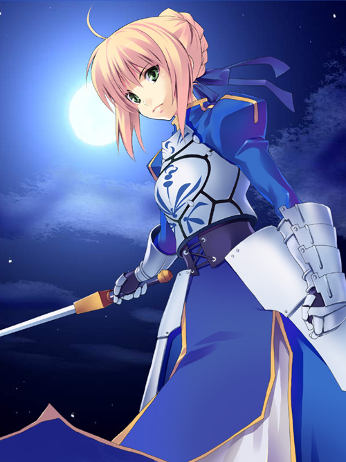azu, artoria pendragon (fate), saber (fate), fate/stay night, fate (series), 00s, 1girl, ahoge, armor, armored dress, blonde hair, clenched hand, dress, female focus, full moon, gauntlets, green eyes, hair ribbon, holding, holding sword, holding weapon, looking at viewer, moon, night, night sky, outstretched arm, ribbon, short hair, sky, solo, sword, unsheathed, weapon
