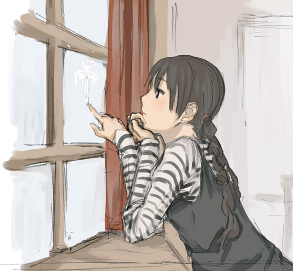 tamaru tokihiko, original, 1girl, black hair, braid, dress, female focus, glass writing, long hair, shirt, solo, striped clothes, striped shirt, twin braids, window