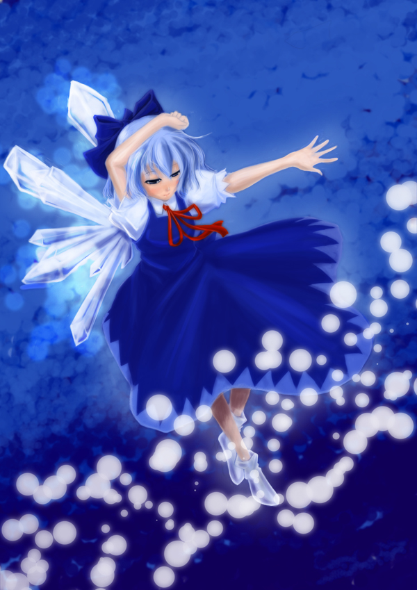 cirno, embodiment of scarlet devil, touhou, 1girl, blue bow, blue dress, blue hair, bow, closed mouth, danmaku, dress, female focus, full body, hair bow, ice, ice wings, neck ribbon, puffy short sleeves, puffy sleeves, red ribbon, ribbon, shirt, short hair, short sleeves, snow, socks, solo, white shirt, wings