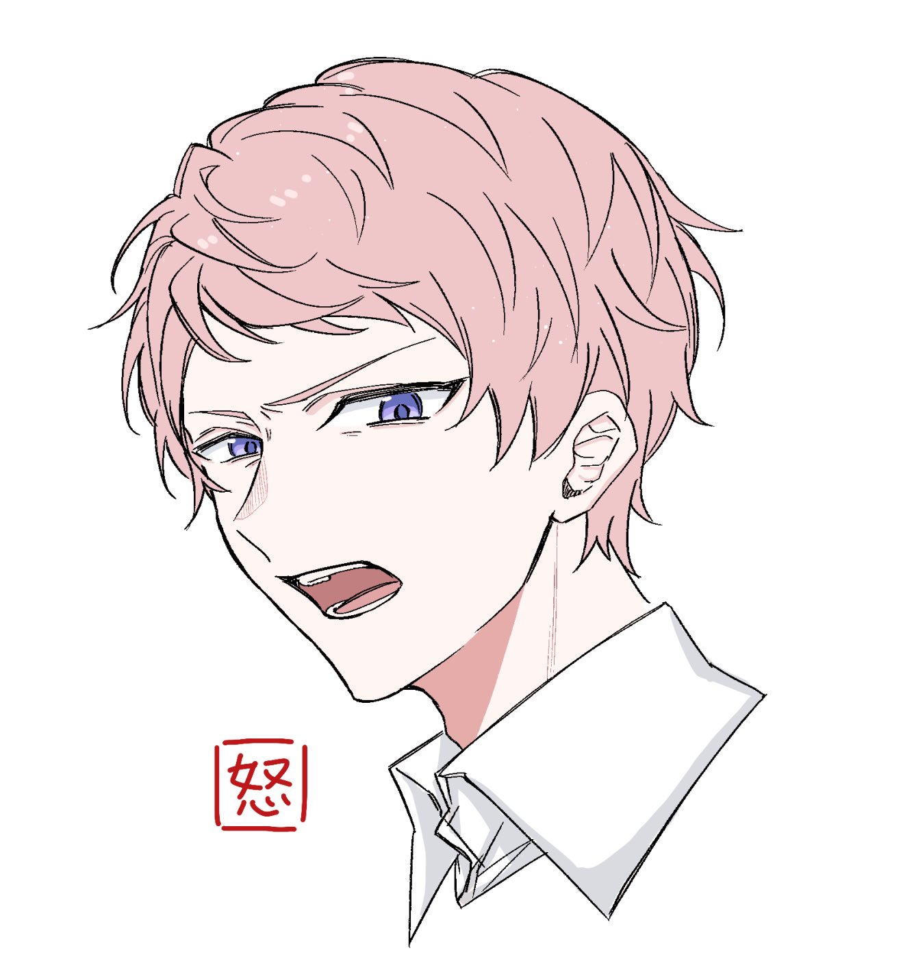 itsuki shu, ensemble stars!, commentary request, highres, 1boy, angry, collared shirt, looking at viewer, male focus, open mouth, pink hair, portrait, purimochi kani, purple eyes, shirt, short hair, simple background, solo, teeth, white background