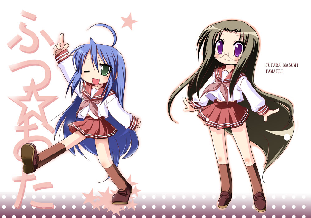 futaba masumi, izumi konata, tamura hiyori, lucky star, brown legwear, 00s, 2girls, arm up, blue hair, brown hair, green eyes, index finger raised, kneehighs, long hair, long sleeves, looking at viewer, mole, mole under eye, multiple girls, pleated skirt, pointing, pointing up, purple eyes, red skirt, sailor collar, school uniform, serafuku, shirt, simple background, skirt, socks, very long hair, white background, white shirt