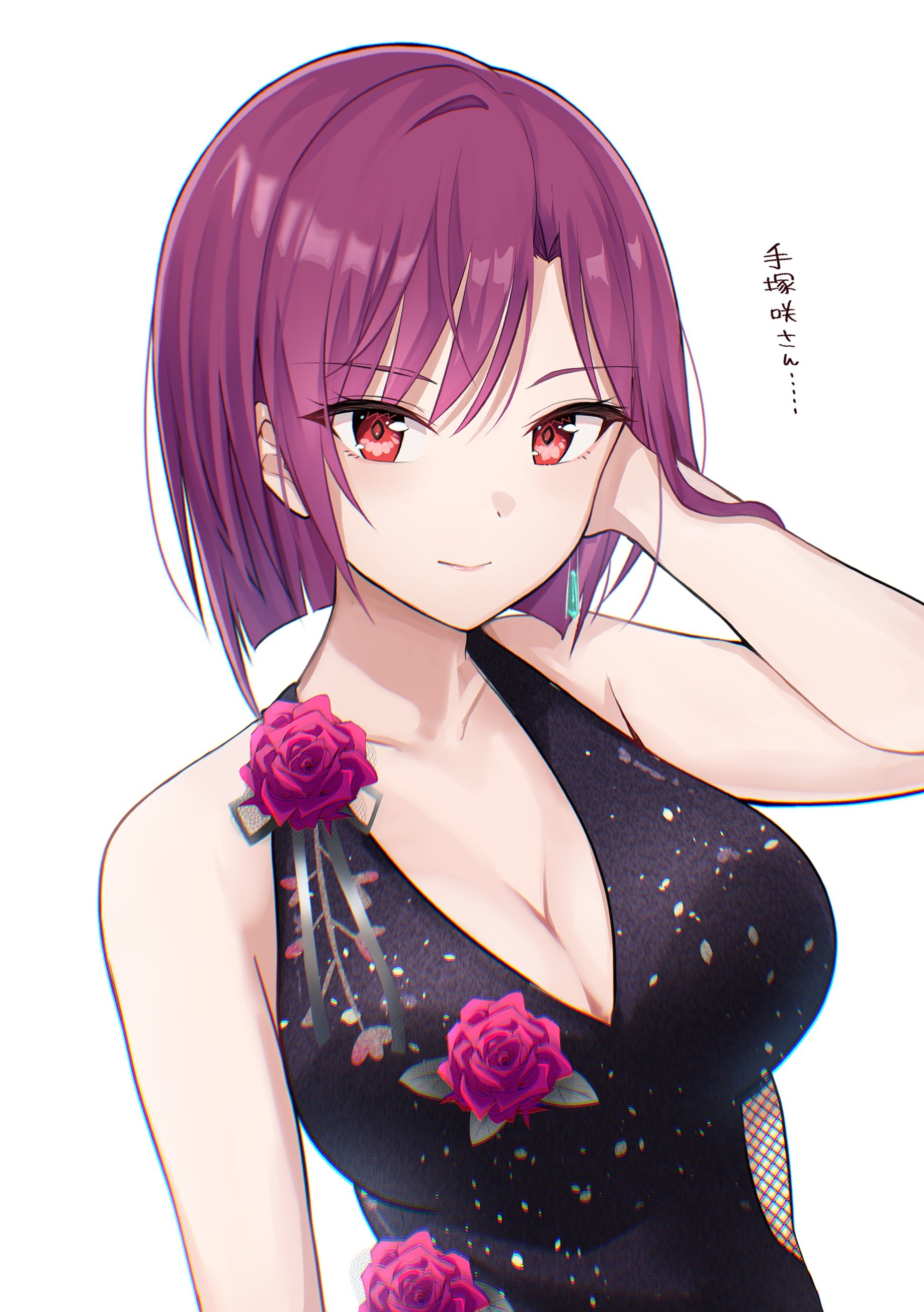 rrtp, tezuka saki, heaven burns red, absurdres, highres, 1girl, black dress, breasts, dress, earrings, flower, gown, jewelry, large breasts, purple hair, red eyes, rose, short hair, single earring, sleeveless, sleeveless dress, solo