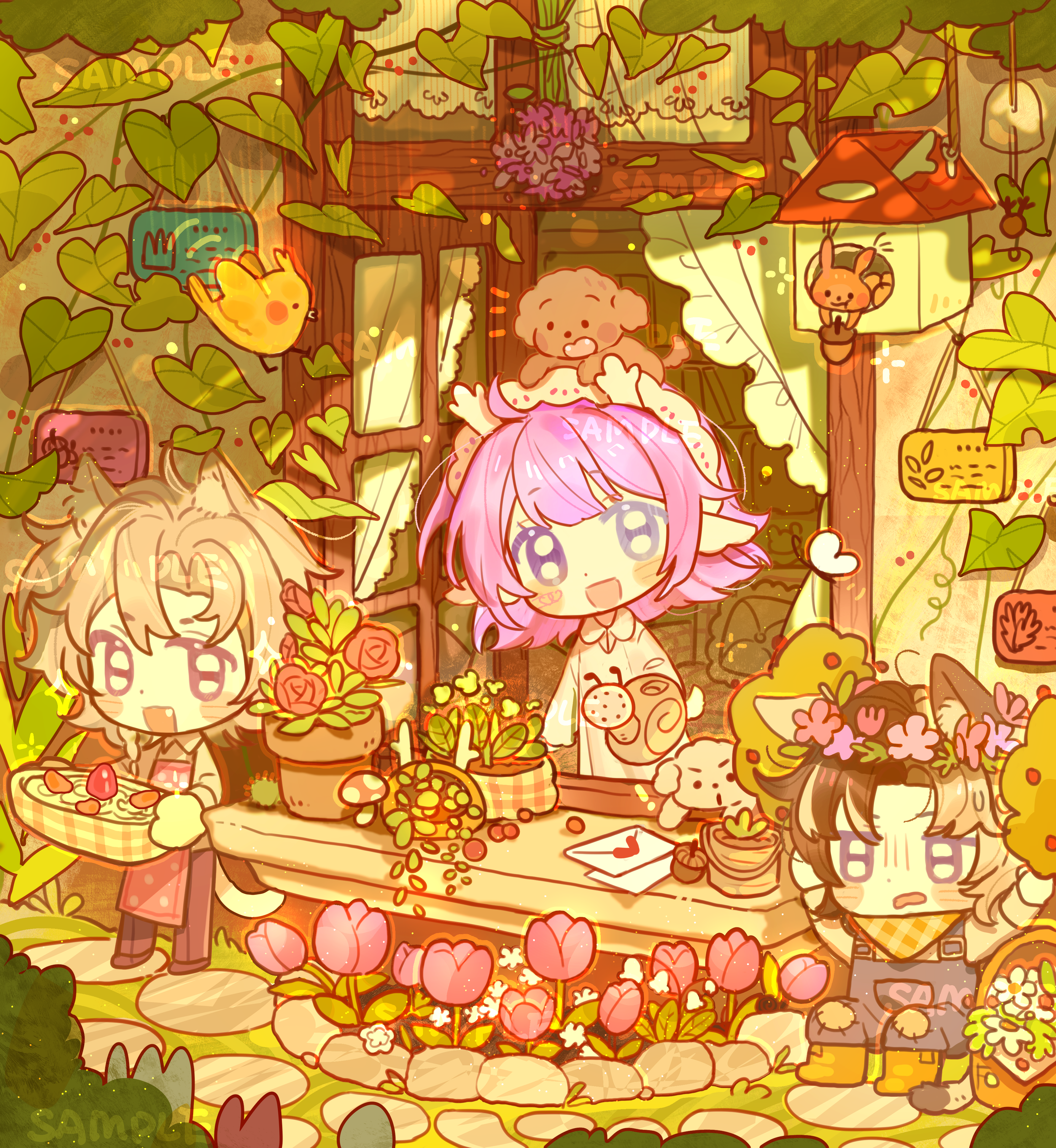 original, absurdres, highres, !, 1girl, 2boys, :d, animal ear fluff, animal ears, apron, bai yang zi, bird, blue eyes, blue overalls, blush stickers, boots, brown hair, brown pants, brown shoes, cat boy, cat ears, cat tail, chibi, chibi only, collared shirt, day, dog, fang, flower, grey hair, heterochromia, leaf, letter, looking at viewer, love letter, multiple boys, open mouth, outdoors, oven mitts, overalls, pants, pink flower, pink hair, pink tulip, purple eyes, red apron, rounded collar, shirt, shoes, short hair, smile, standing, tail, tulip, white shirt, window, yellow boots