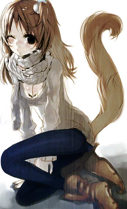 isaki uta, 1girl, animal ears, boots, breasts, brown eyes, brown hair, cleavage, female focus, medium breasts, pantyhose, scarf, solo, tail